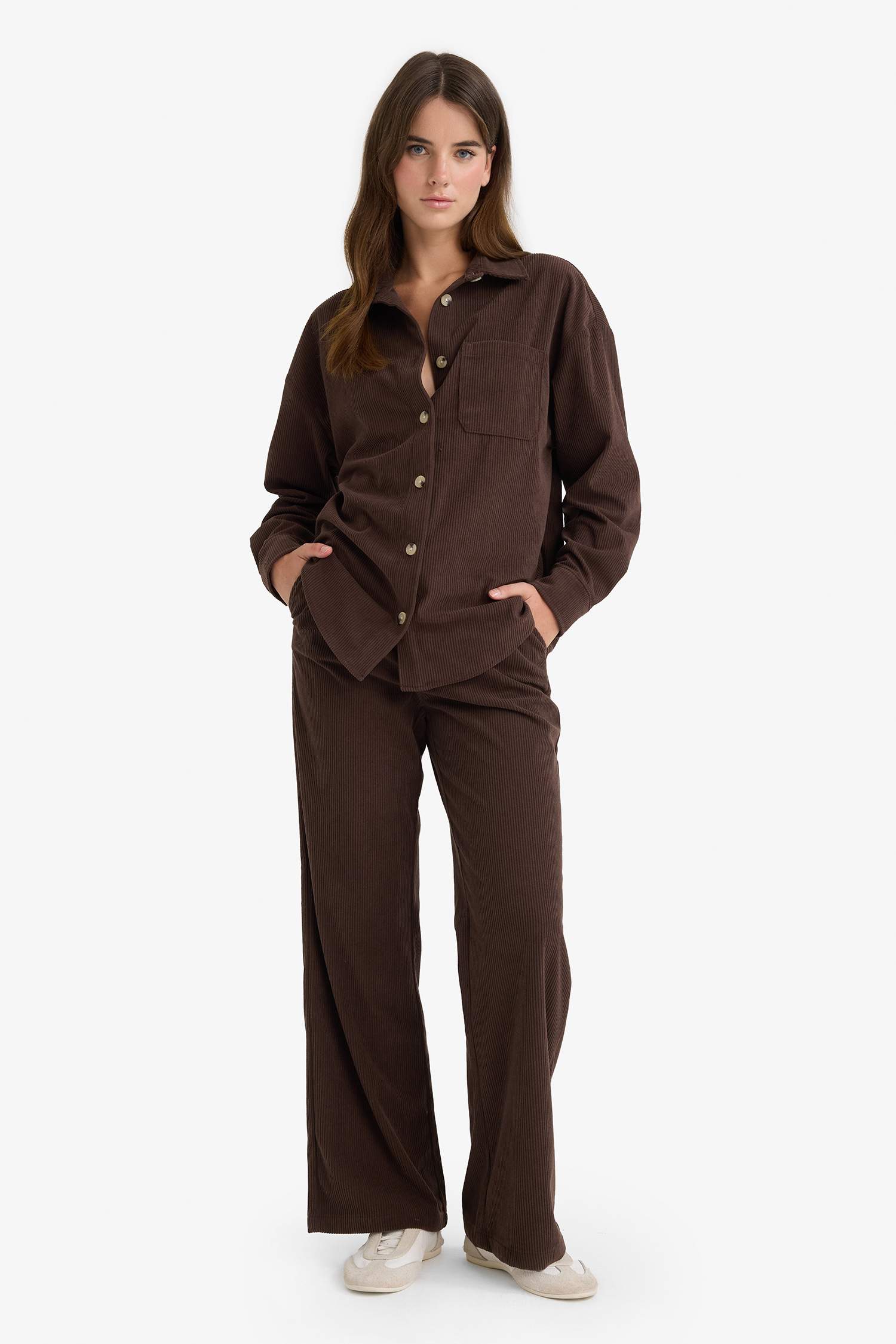 Straight Fit High Waist Wide Leg Corduroy Trousers