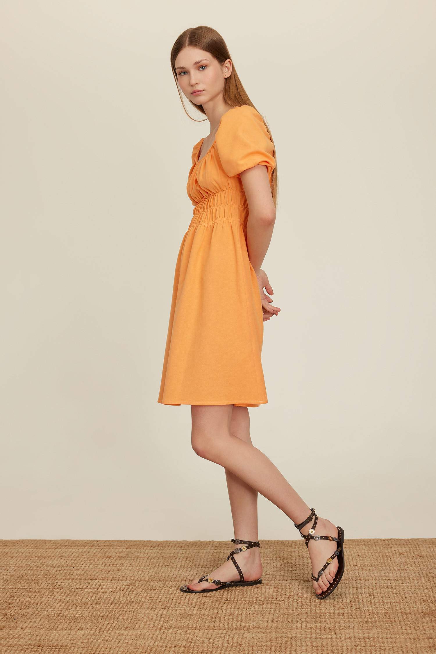 Square Neck Linen Short Sleeve Mini Dress