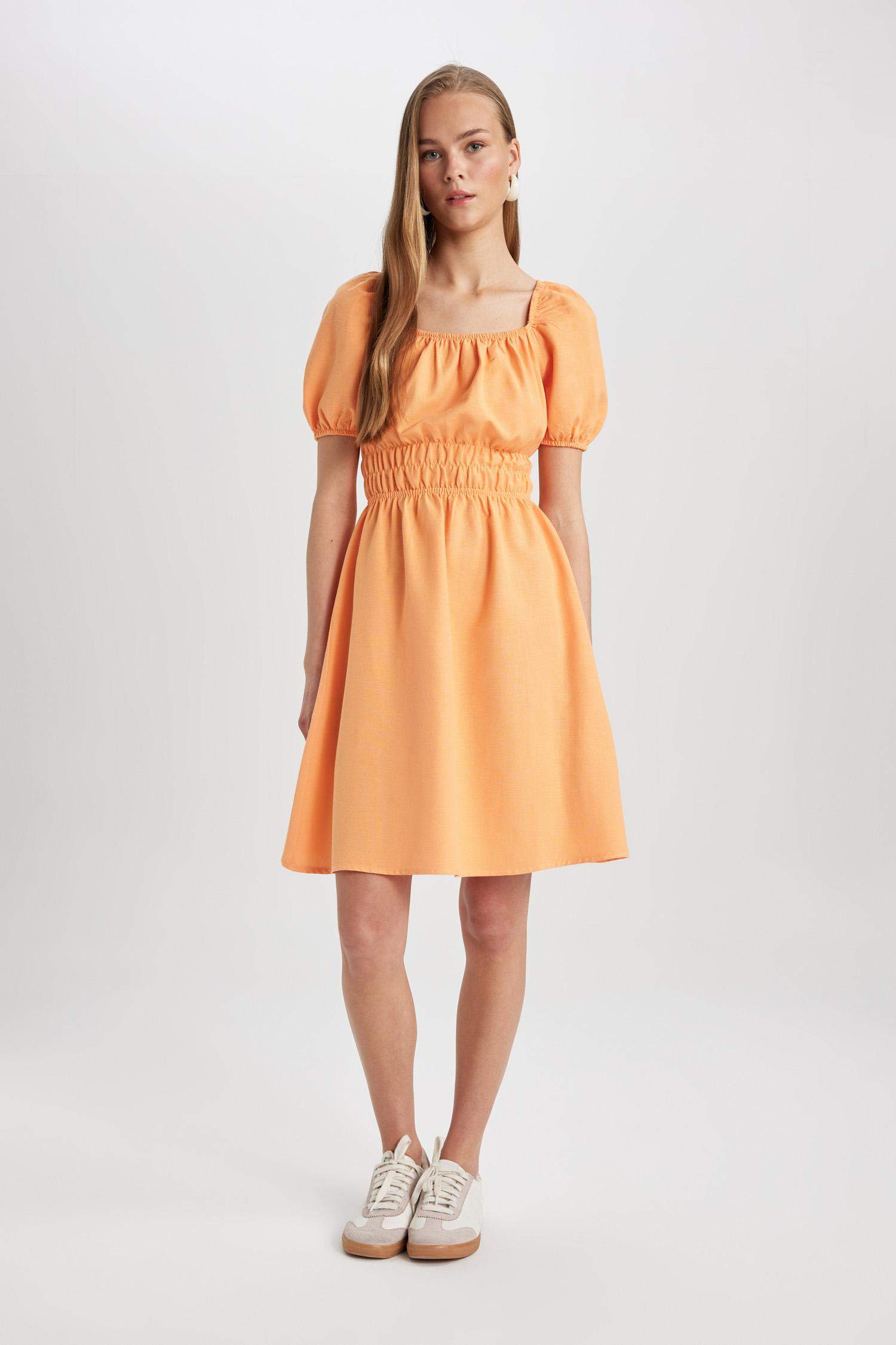 Square Neck Linen Short Sleeve Mini Dress