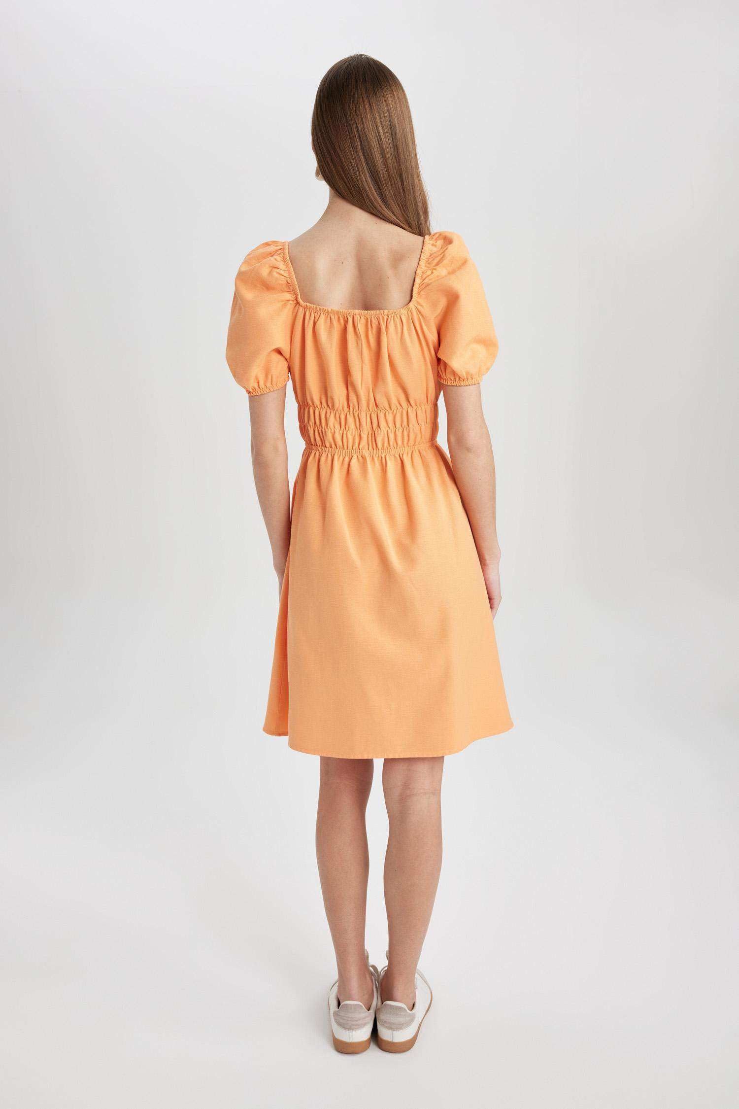 Square Neck Linen Short Sleeve Mini Dress