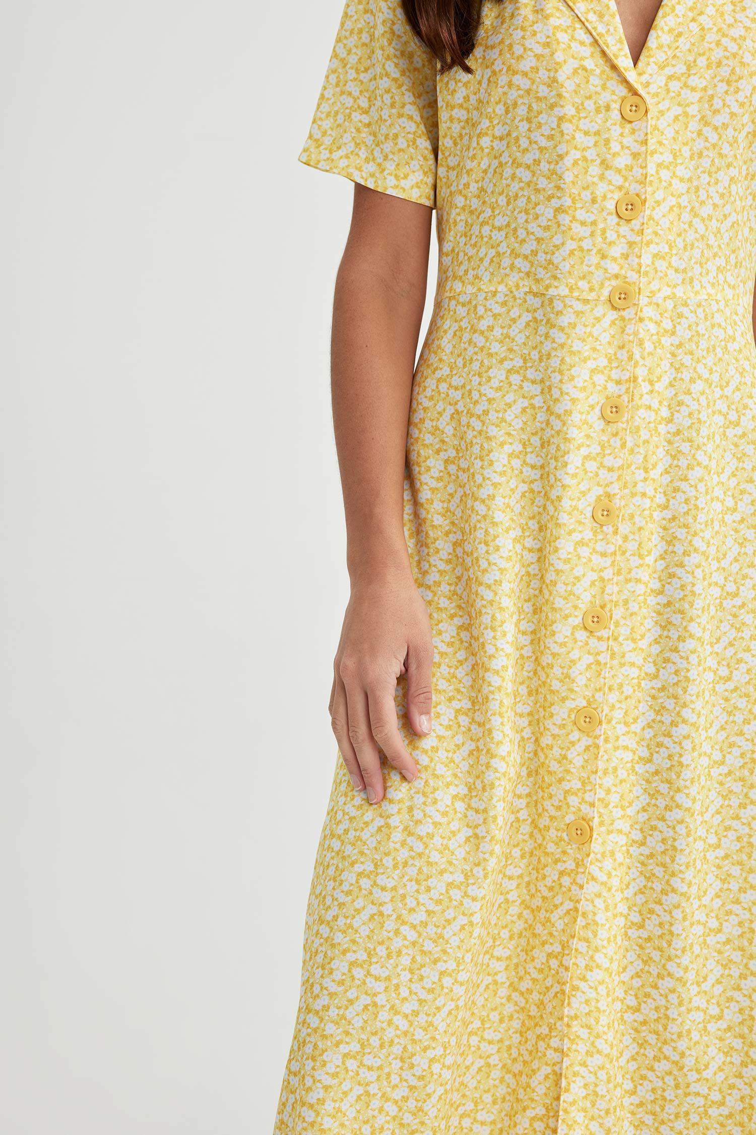 A-Line Shirt Collar Floral Midi Short Sleeve Dress