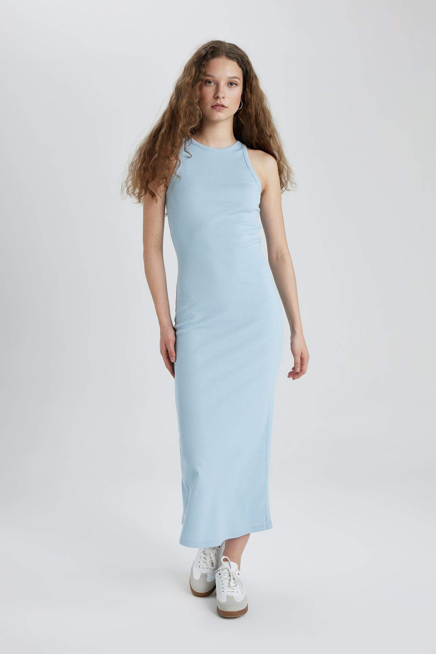 Bodycon Halter Yaka Fitilli Kaşkorse Maxi Kolsuz Elbise