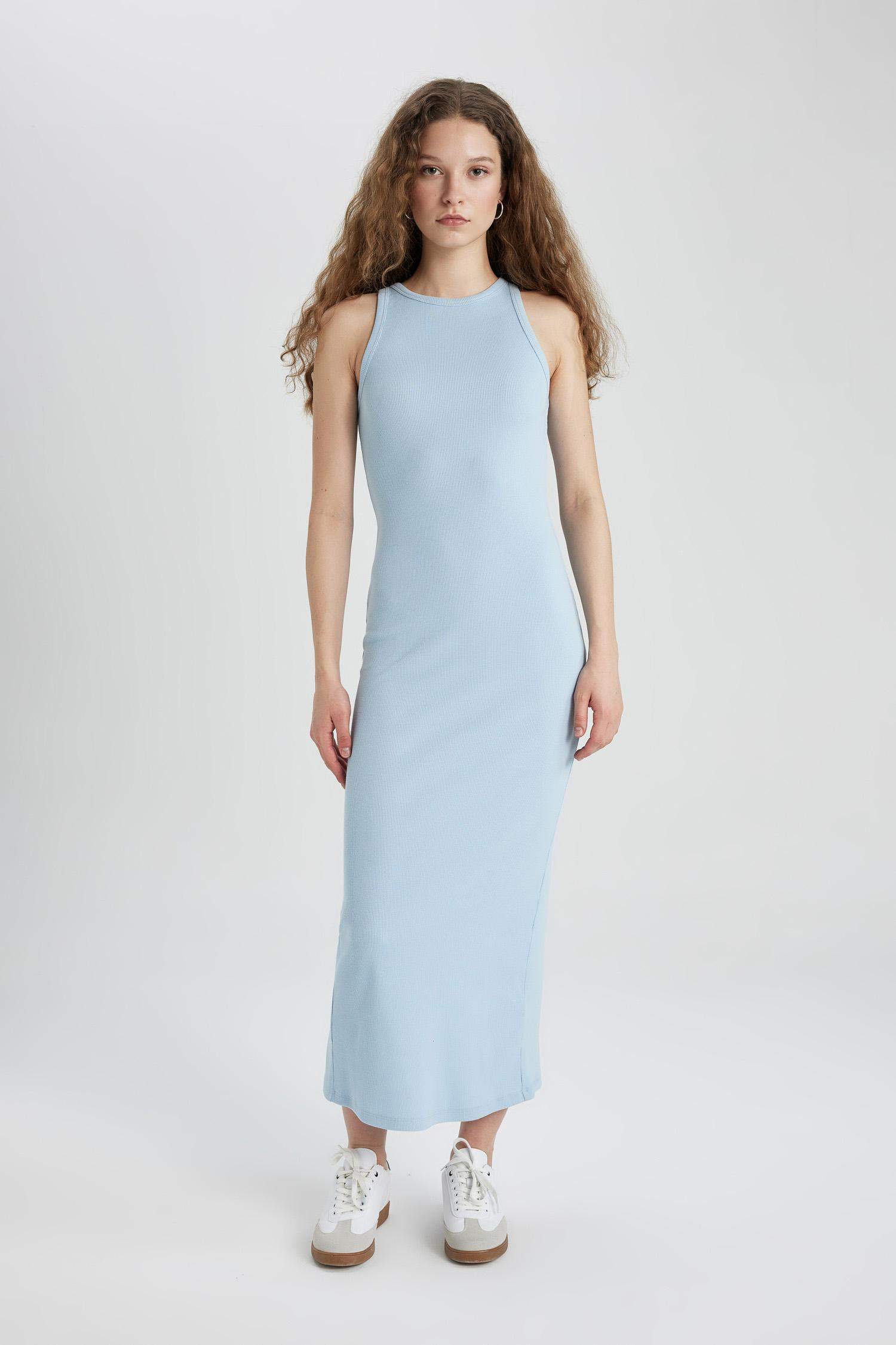 Bodycon Halter Yaka Fitilli Kaşkorse Maxi Kolsuz Elbise