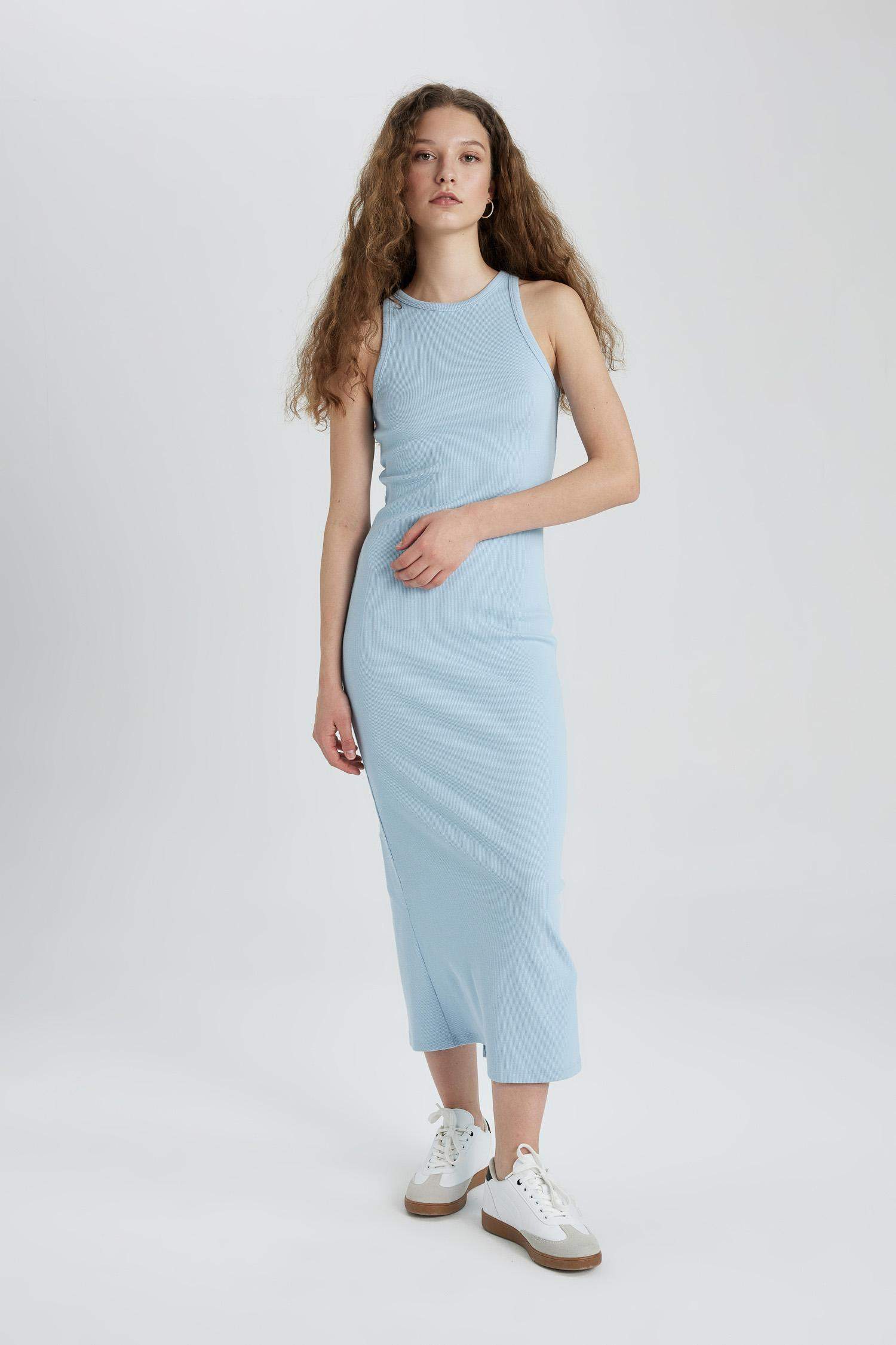 Bodycon Halter Yaka Fitilli Kaşkorse Maxi Kolsuz Elbise