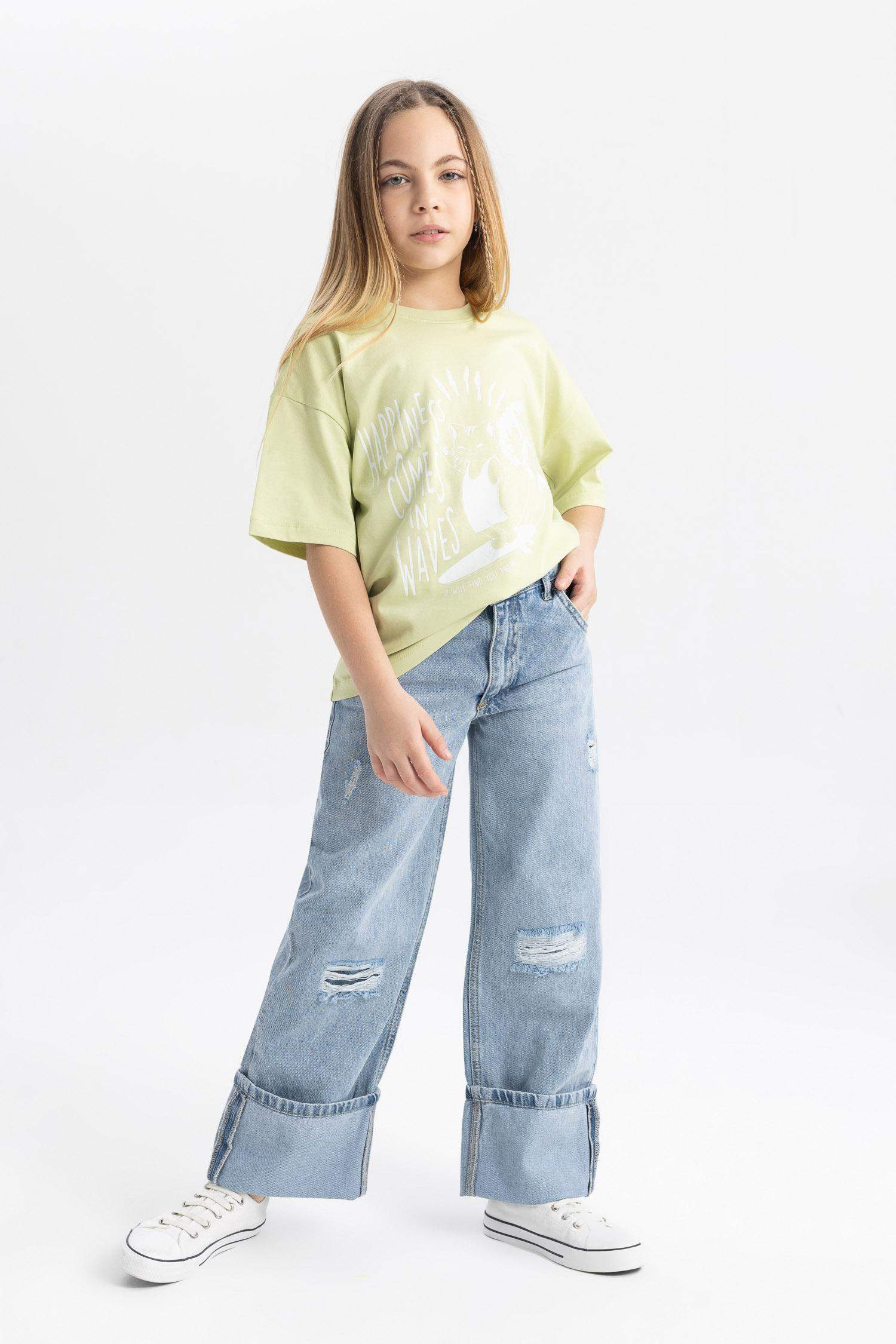 Girl Wide Leg Ripped Detailed Jeans