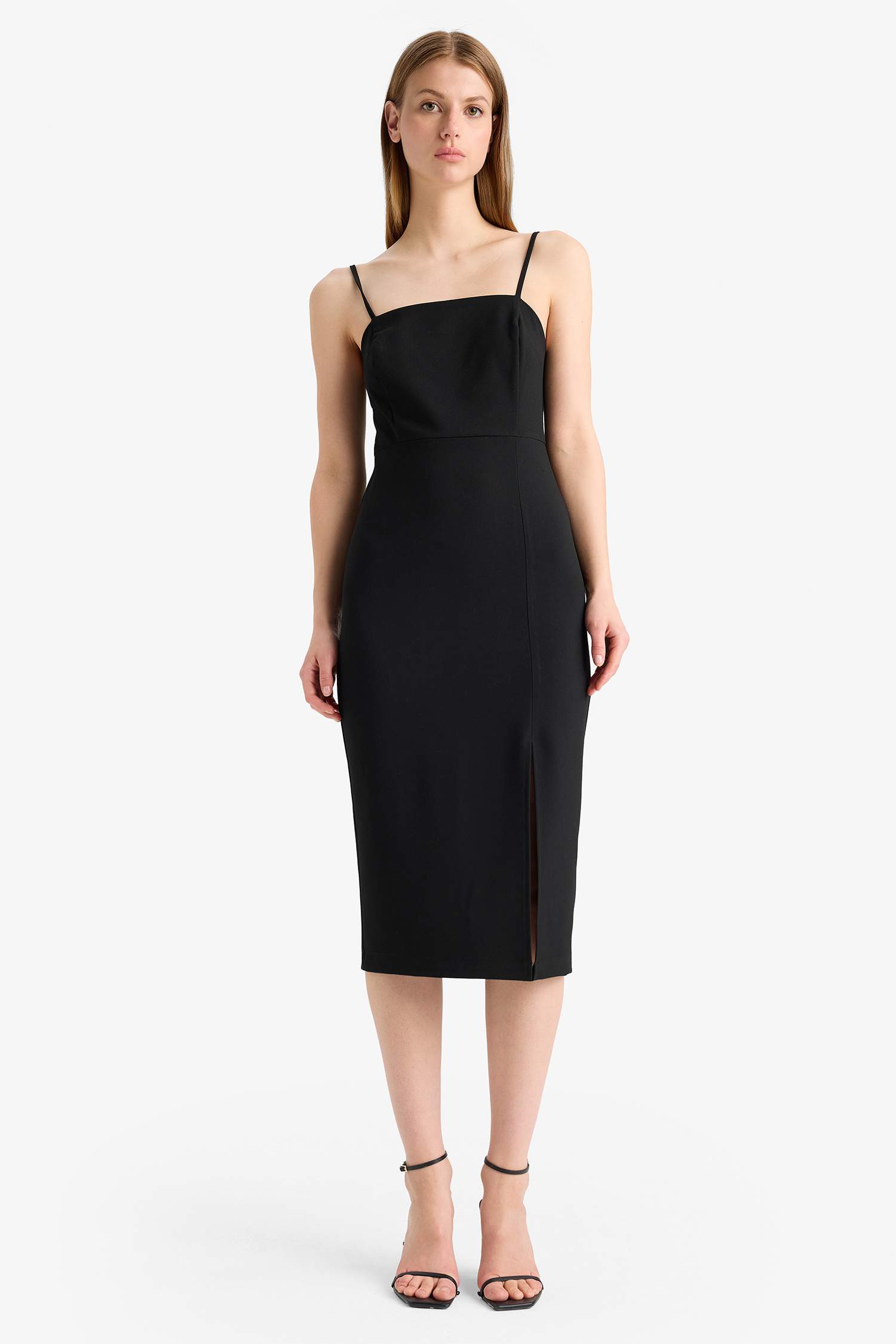 Square Collar Basic Slit Suspender Midi Black Dress