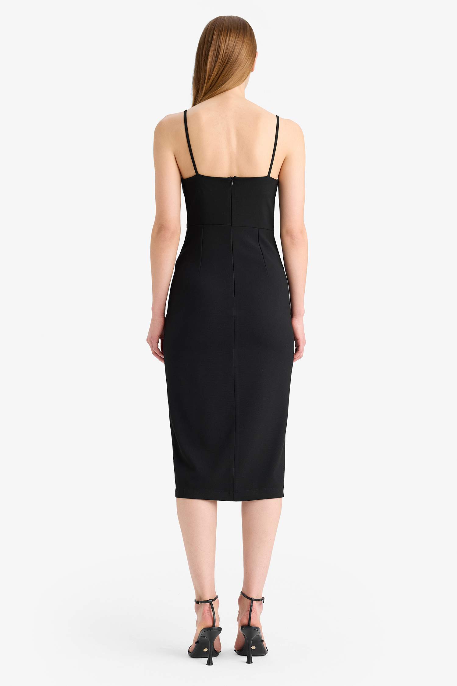 Square Collar Basic Slit Suspender Midi Black Dress