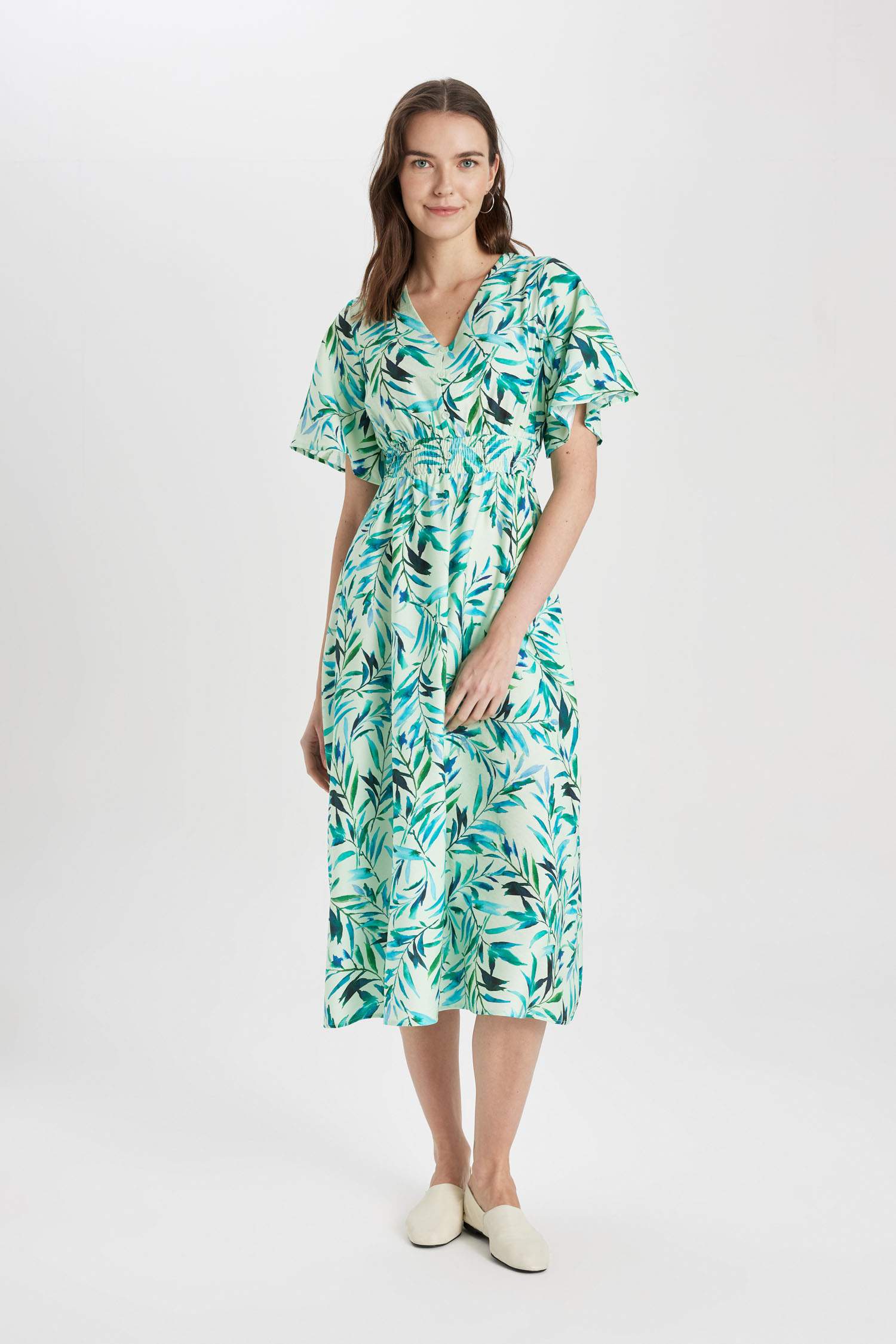 V-Neck Patterned Short Sleeve Midi Viscose Dress