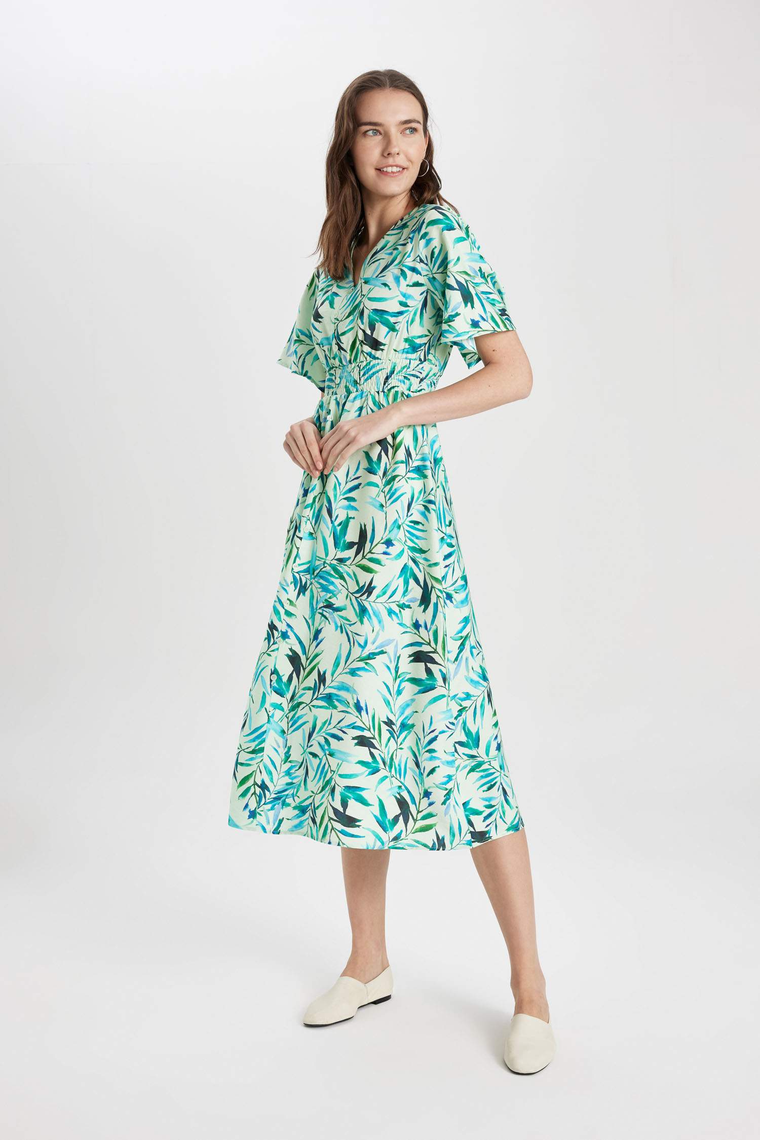 V-Neck Patterned Short Sleeve Midi Viscose Dress