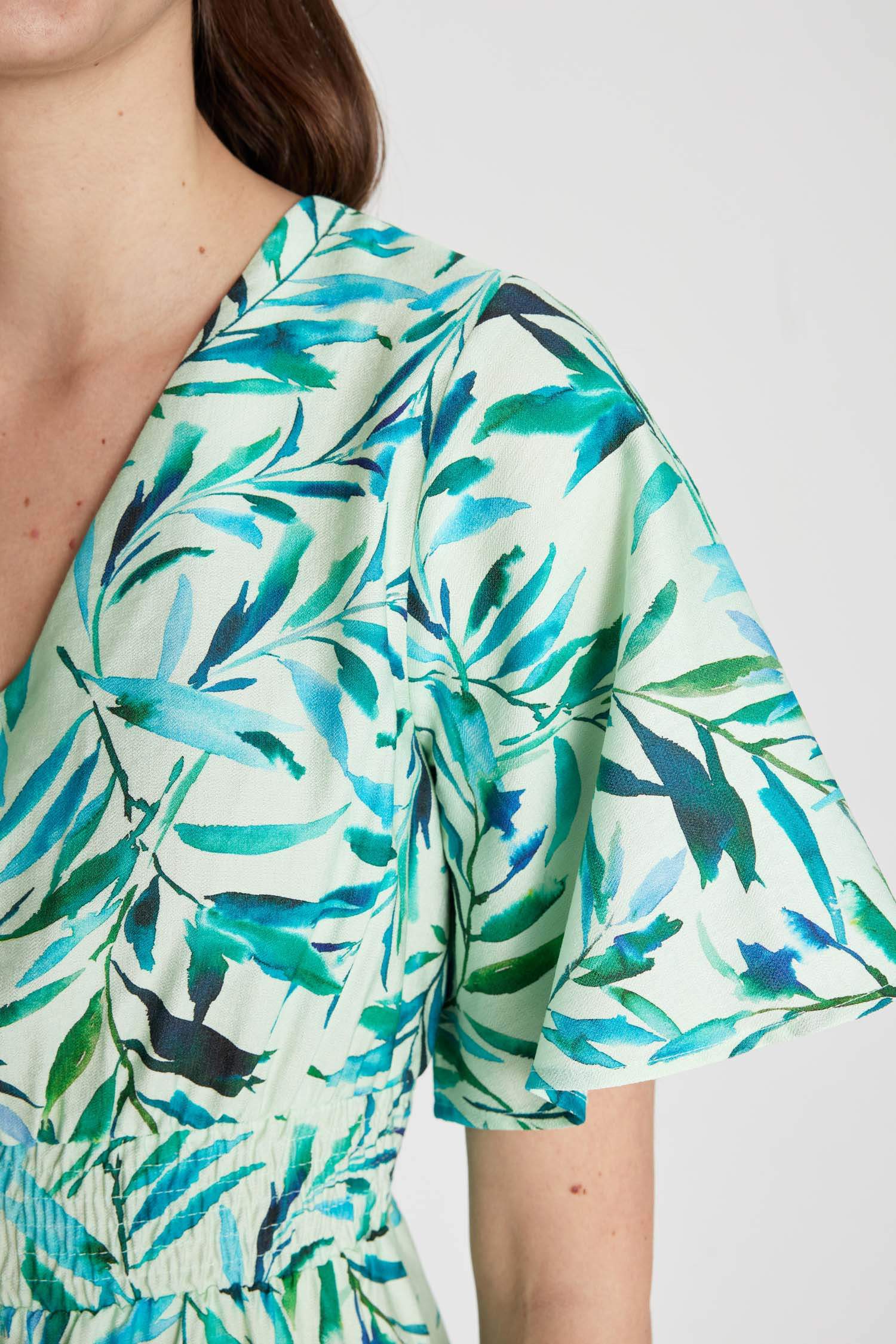 V-Neck Patterned Short Sleeve Midi Viscose Dress