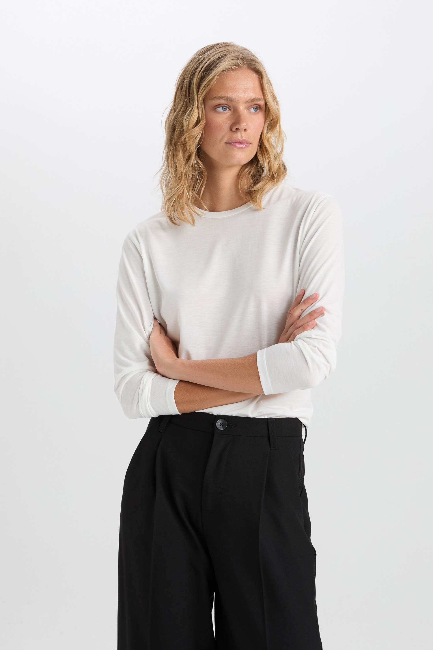 Regular Fit Bisiklet Yaka Basic Düz Casual Uzun Kollu Tişört