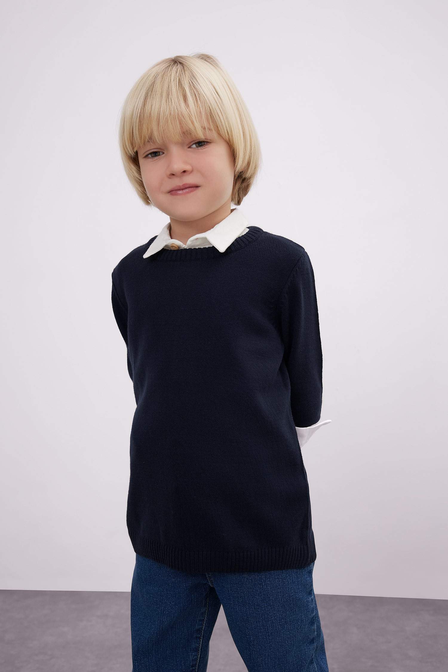 Erkek Bebek Bisiklet Yaka Basic Düz Triko Kazak