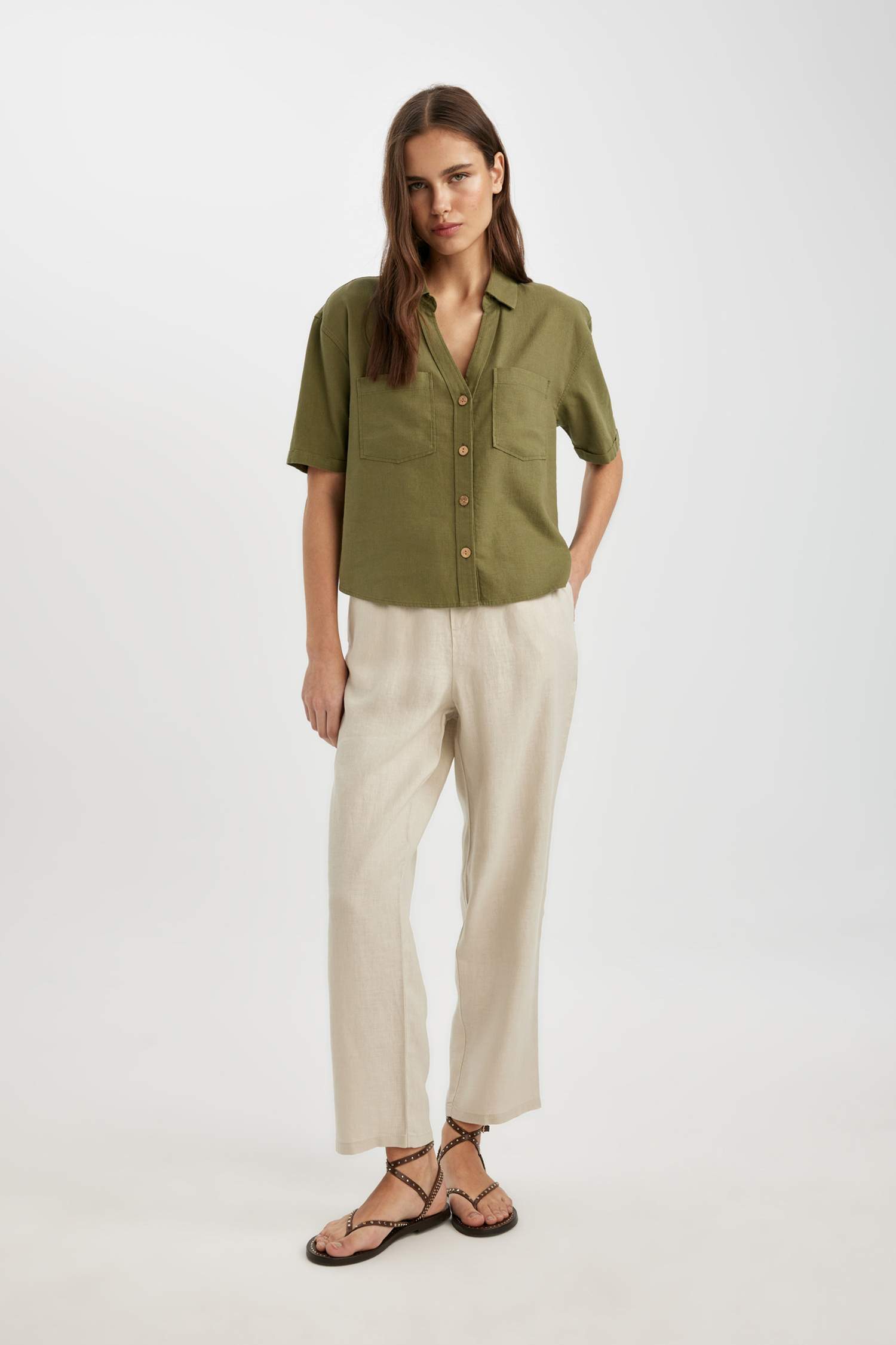 Jogger Fit Yüksek Bel Keten Pantolon