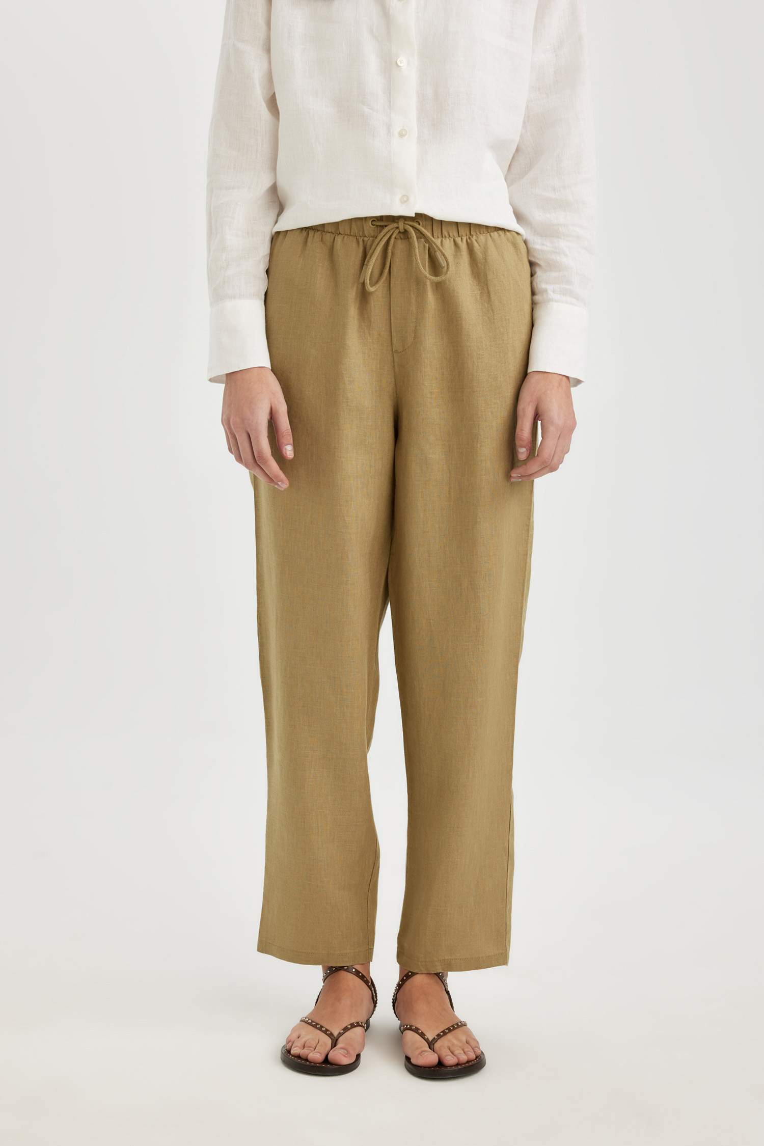 بنطرون كتان جوجر انكيل بجيب وخصر عالي