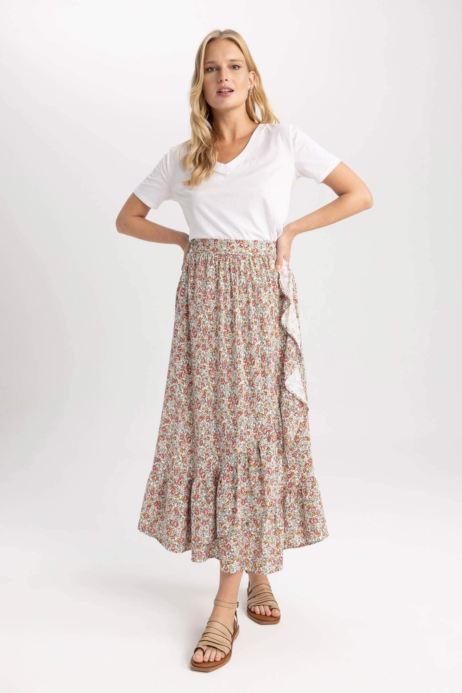 A Cut Patterned Ruffle Midi Skirt