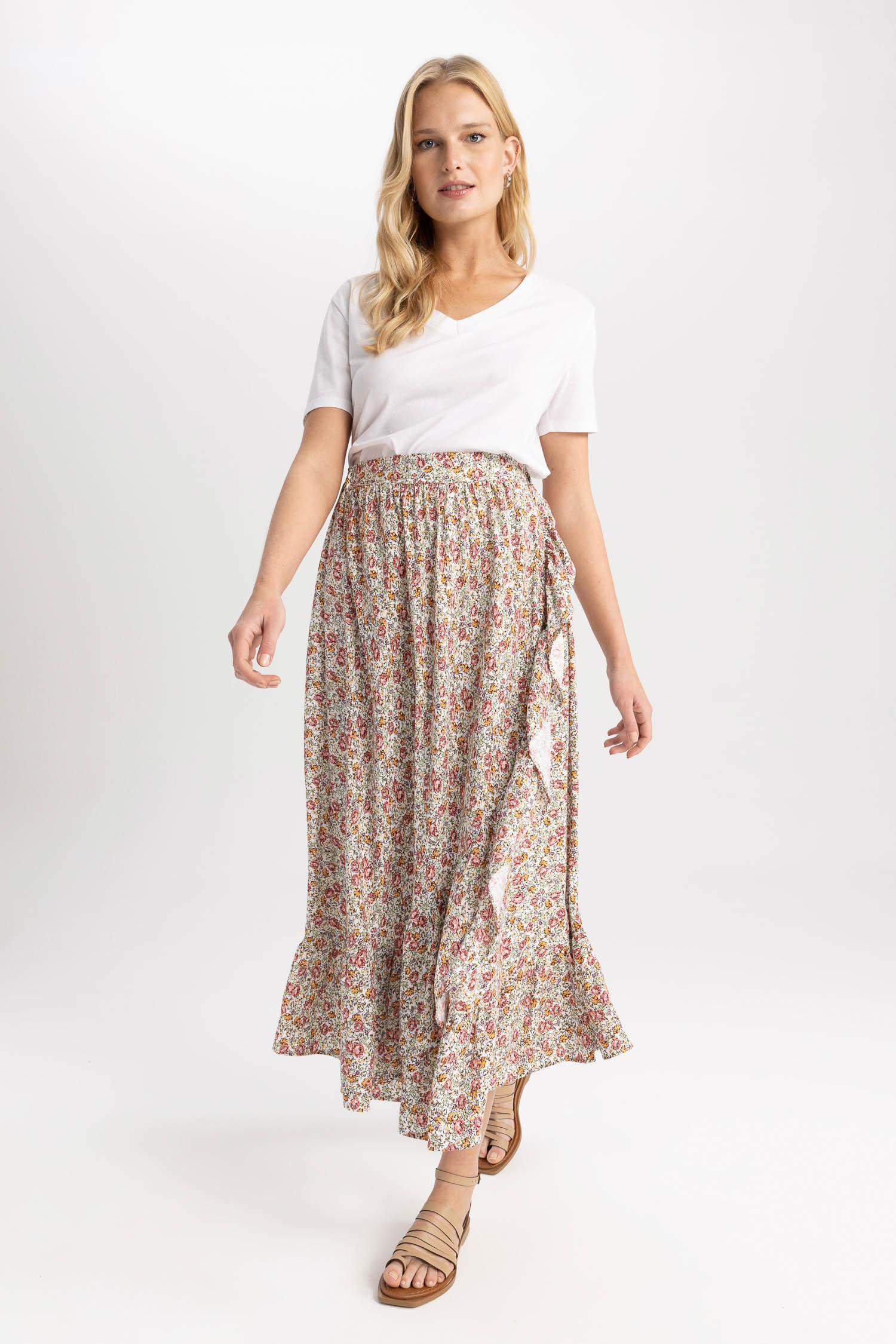 A Cut Patterned Ruffle Midi Skirt