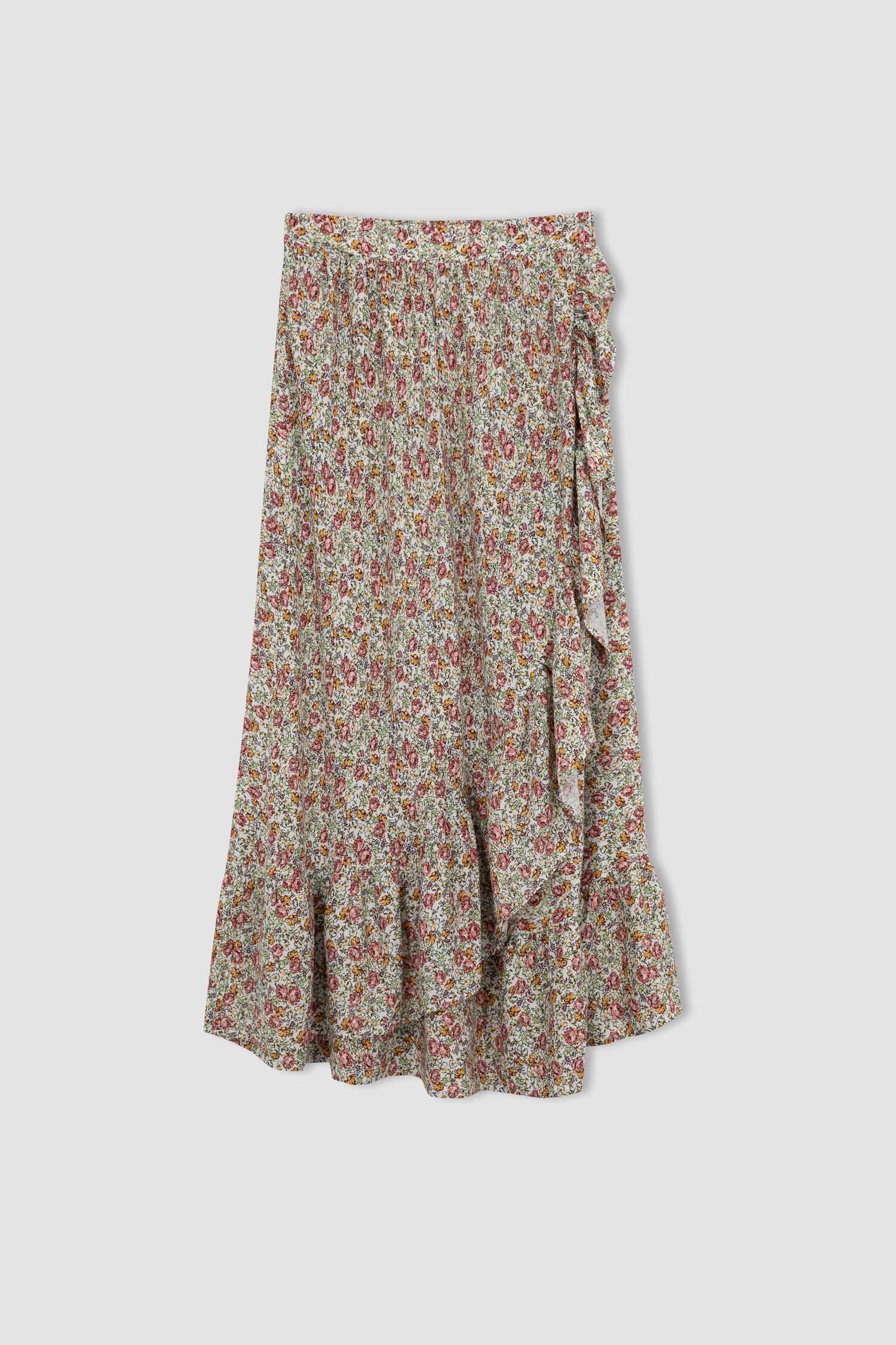 A Cut Patterned Ruffle Midi Skirt