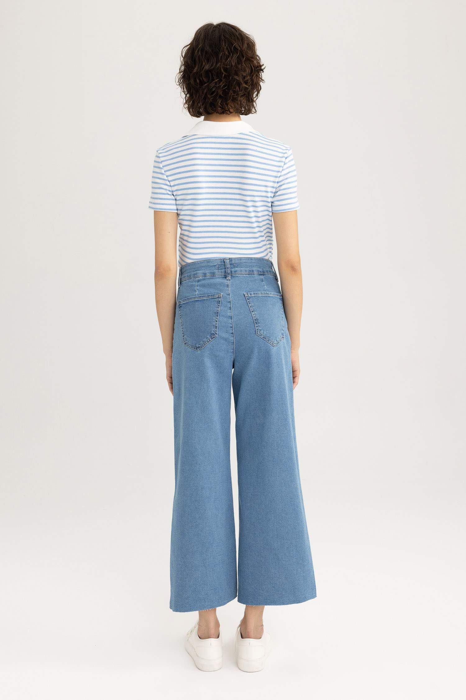 Raw denim culotte trousers with elastic waist