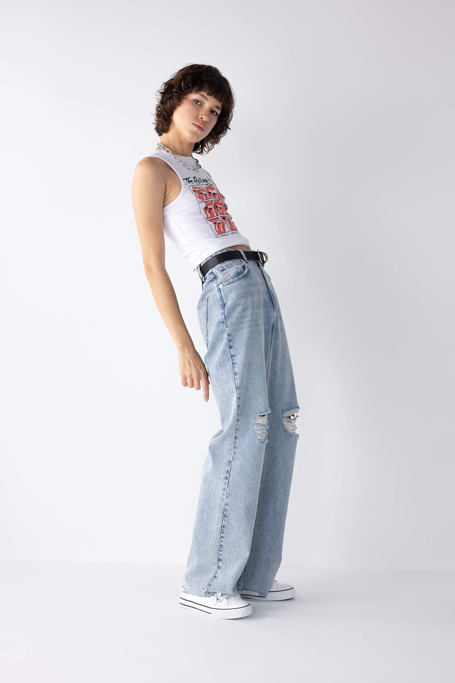 90 Wide Leg Ripped Detailed Long  Cotton Jeans