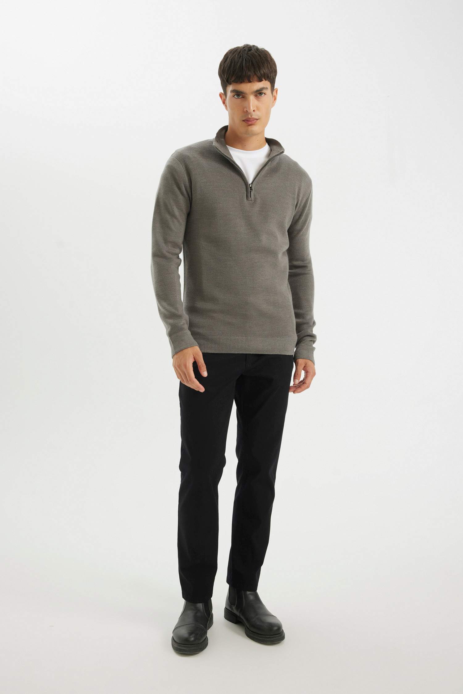 بلوفر تريكو بيزك قصة عادية بياقة نص بسوسته