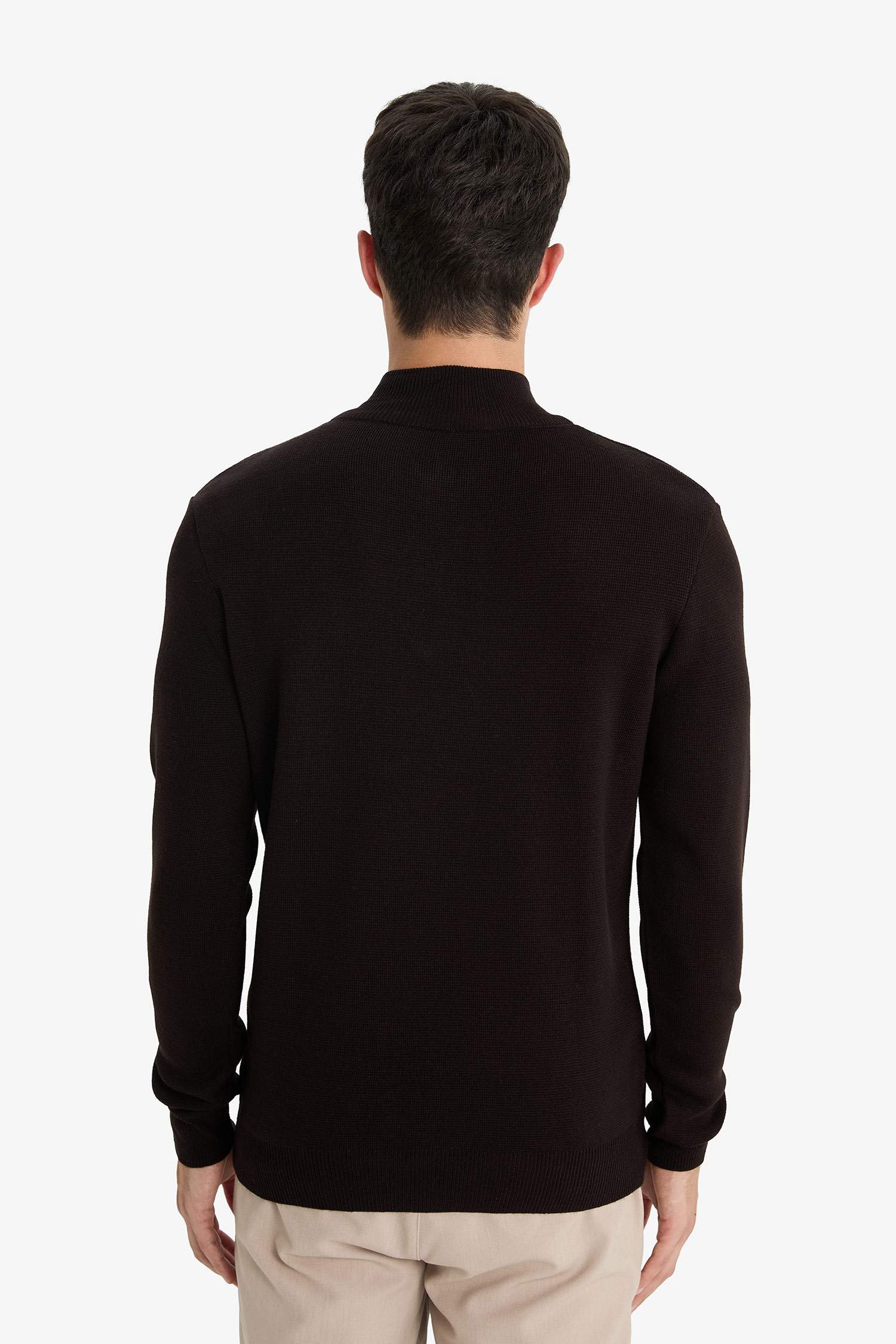 Standart Fit Normal Kesim Dik Yaka Yarım Fermuarlı Basic Düz Triko Kazak