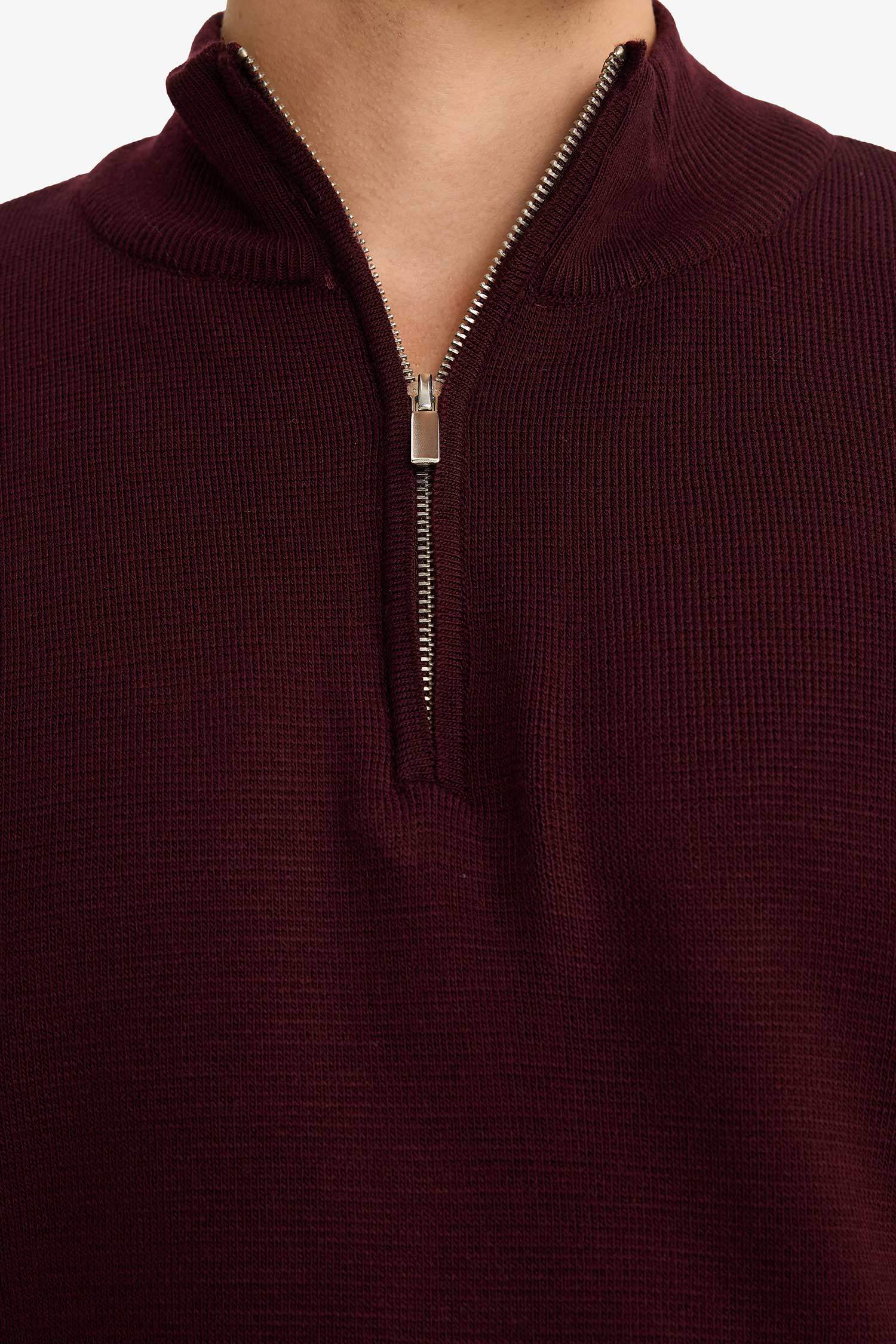 Standart Fit Normal Kesim Dik Yaka Yarım Fermuarlı Basic Düz Triko Kazak