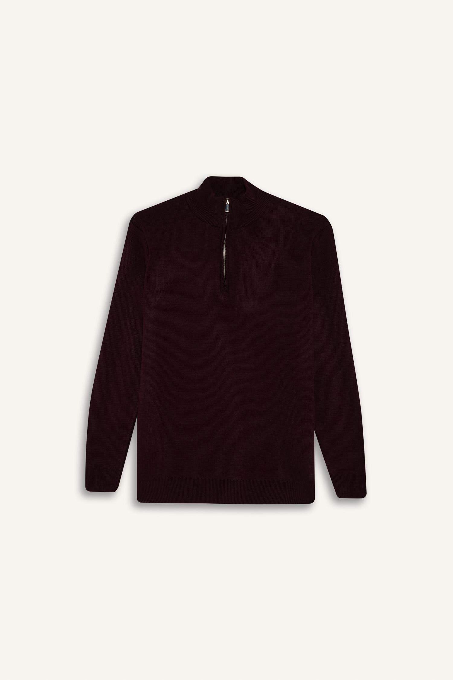 Standart Fit Normal Kesim Dik Yaka Yarım Fermuarlı Basic Düz Triko Kazak