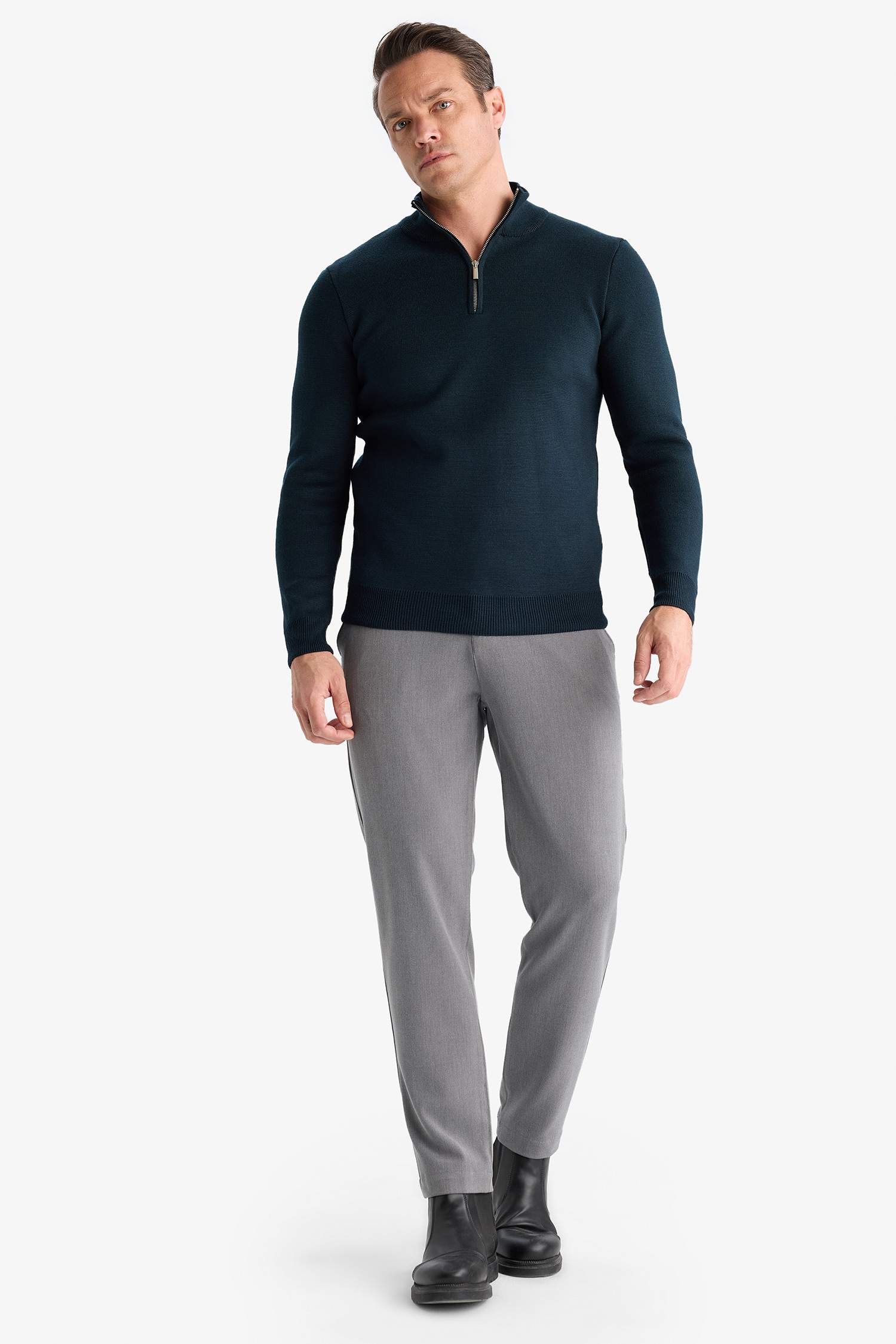 Standart Fit Normal Kesim Dik Yaka Yarım Fermuarlı Basic Düz Triko Kazak