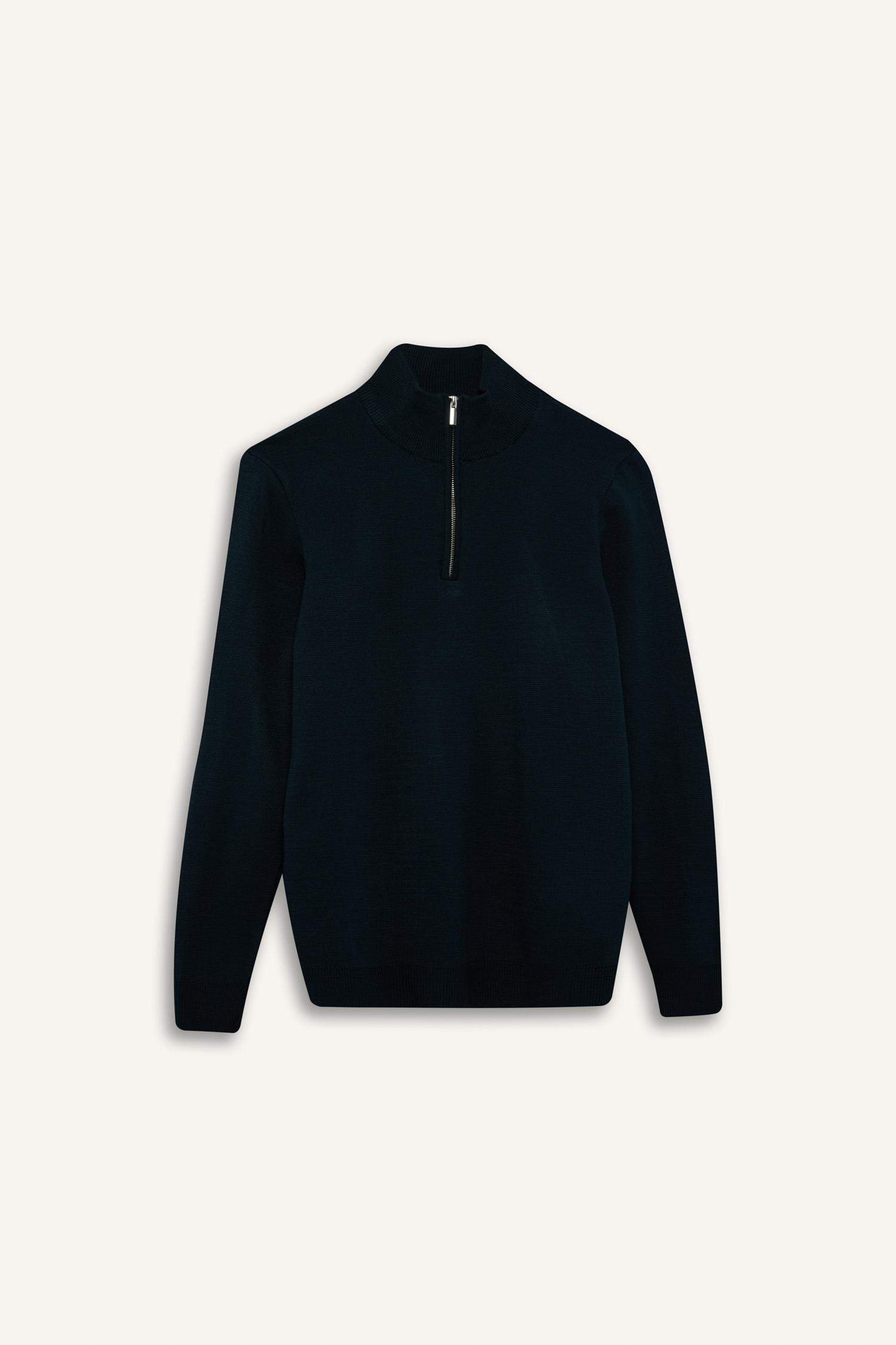 Standart Fit Normal Kesim Dik Yaka Yarım Fermuarlı Basic Düz Triko Kazak