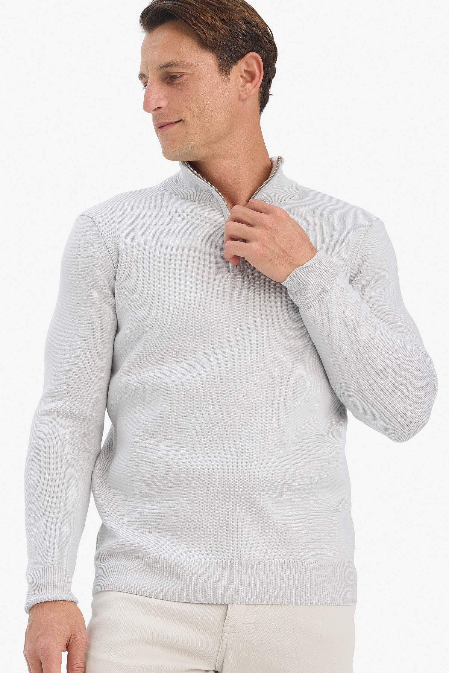 Standart Fit Normal Kesim Dik Yaka Yarım Fermuarlı Basic Düz Triko Kazak