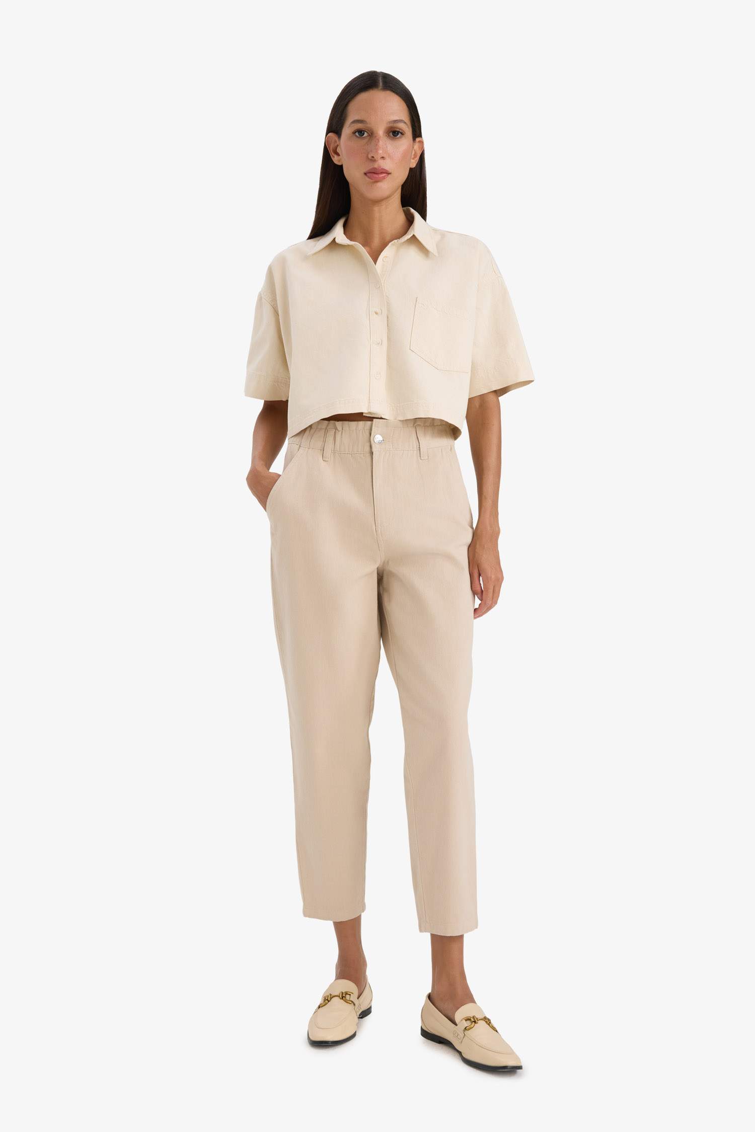 Paperbag Fit Regular Hem Double Pocket Gabardine Trousers