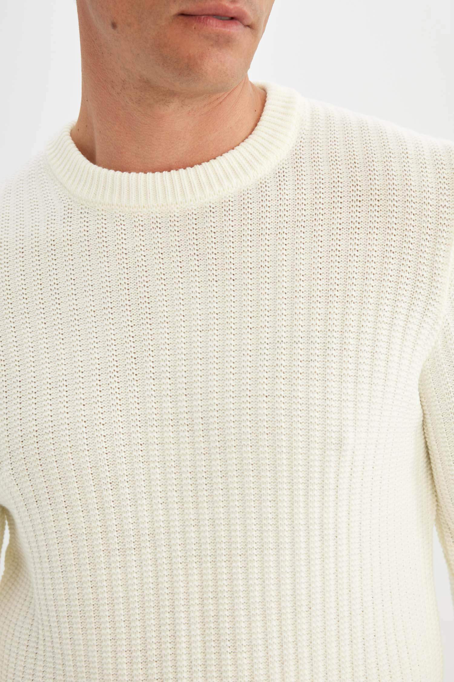 Standart Fit Normal Kesim Bisiklet Yaka Jakarlı  Triko Kazak