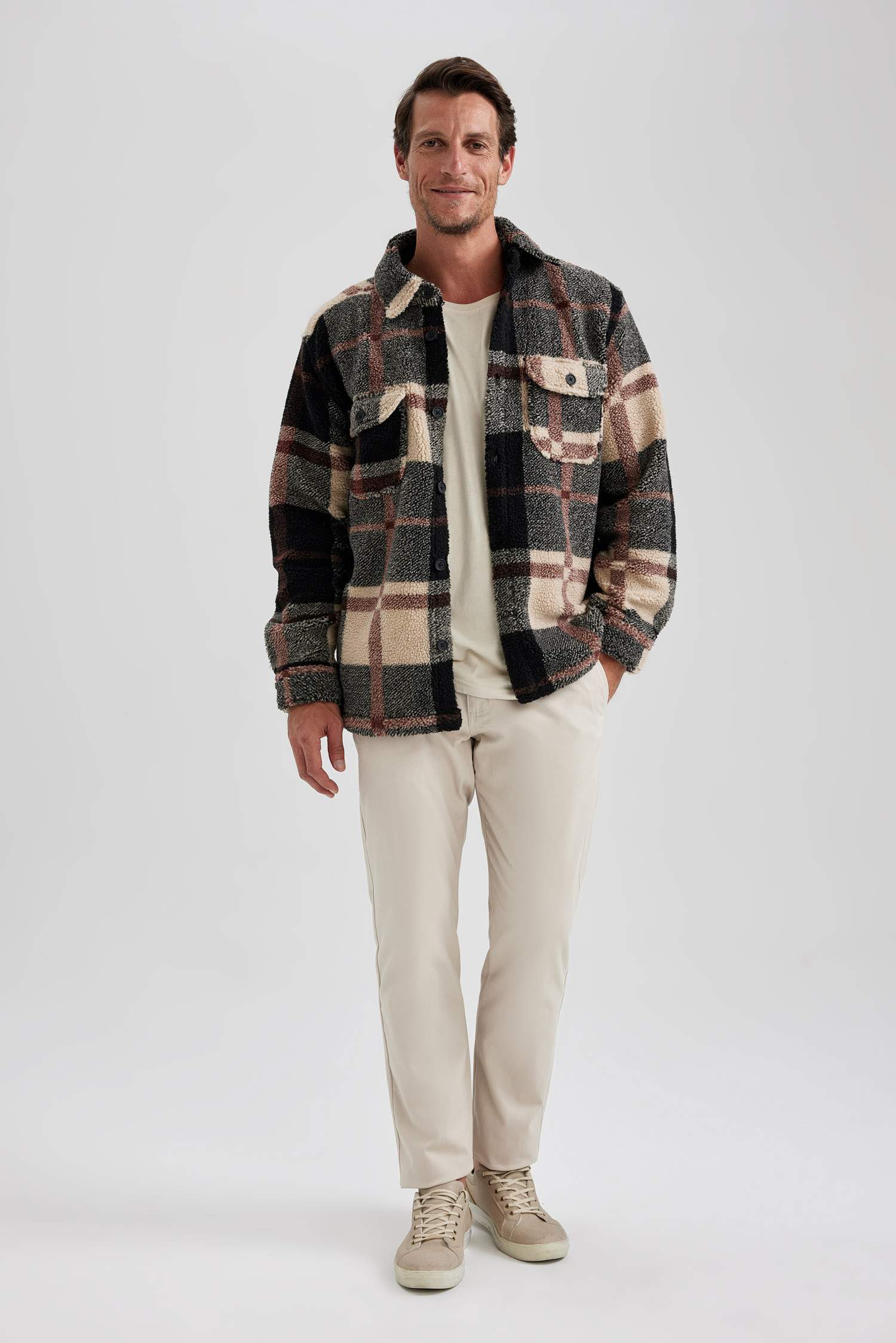 Relax Fit Düğmeli Cepli Kareli Oduncu Uzun Kollu Gömlek Ceket