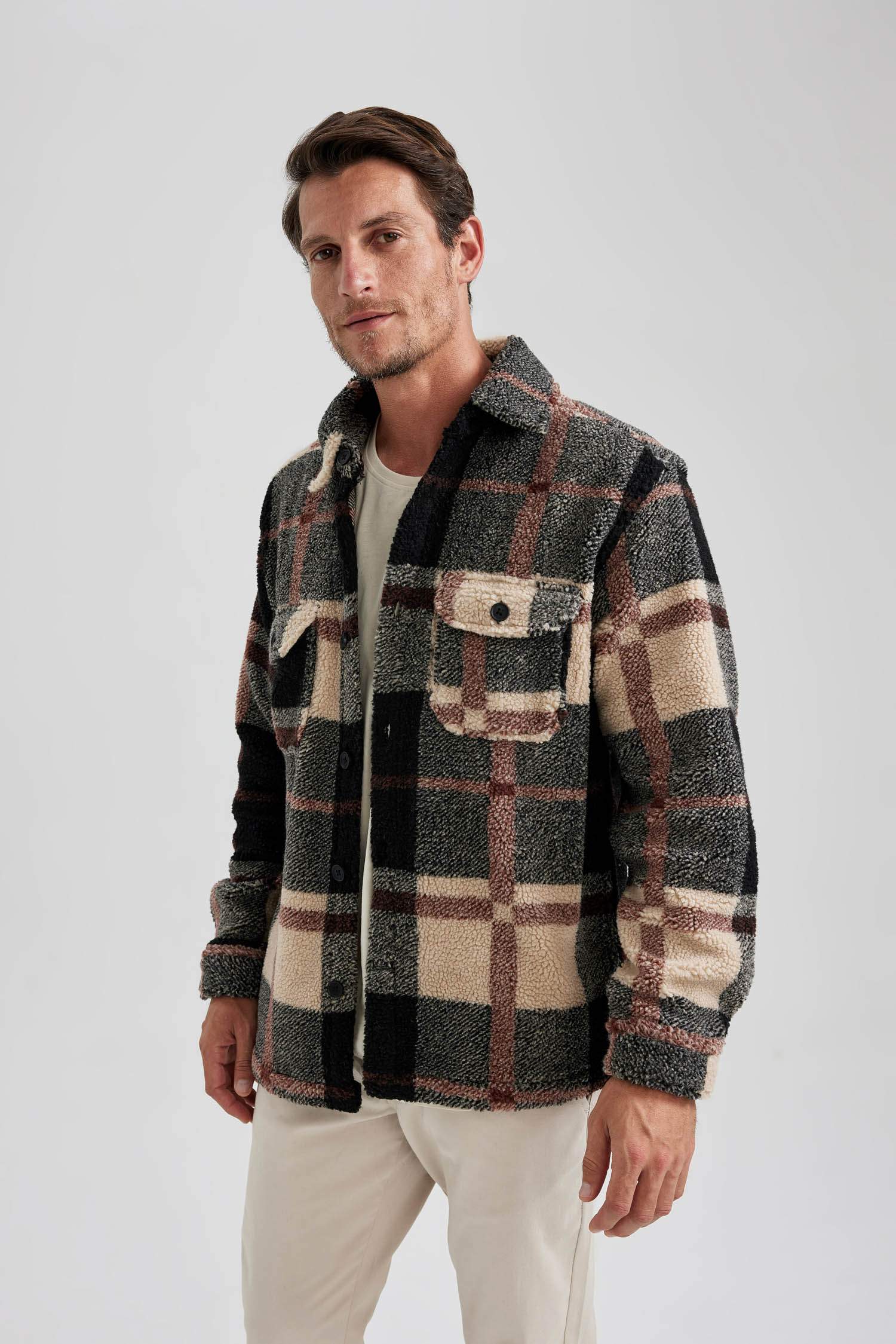 Relax Fit Düğmeli Cepli Kareli Oduncu Uzun Kollu Gömlek Ceket