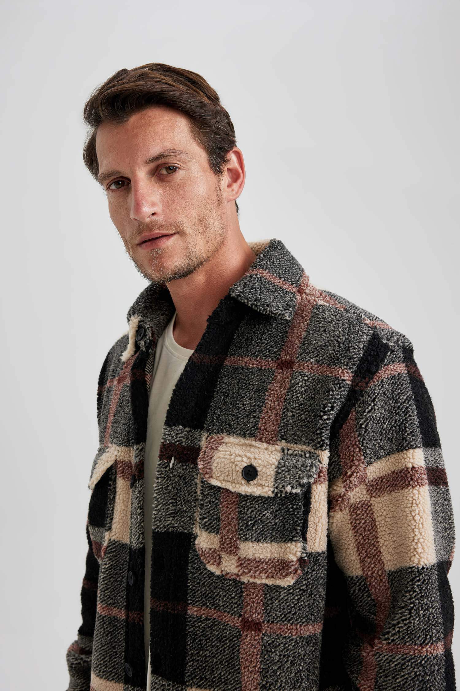 Relax Fit Düğmeli Cepli Kareli Oduncu Uzun Kollu Gömlek Ceket