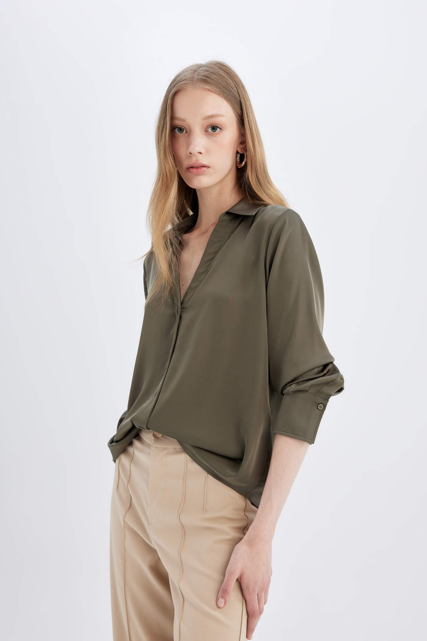 Regular Fit V Neck Satin Shirt