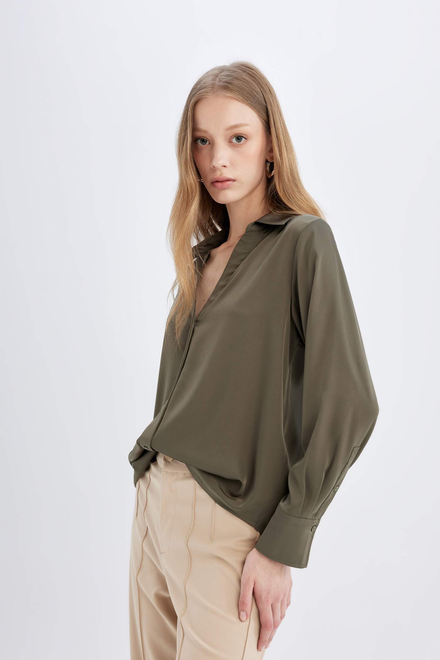 Regular Fit V Neck Satin Shirt