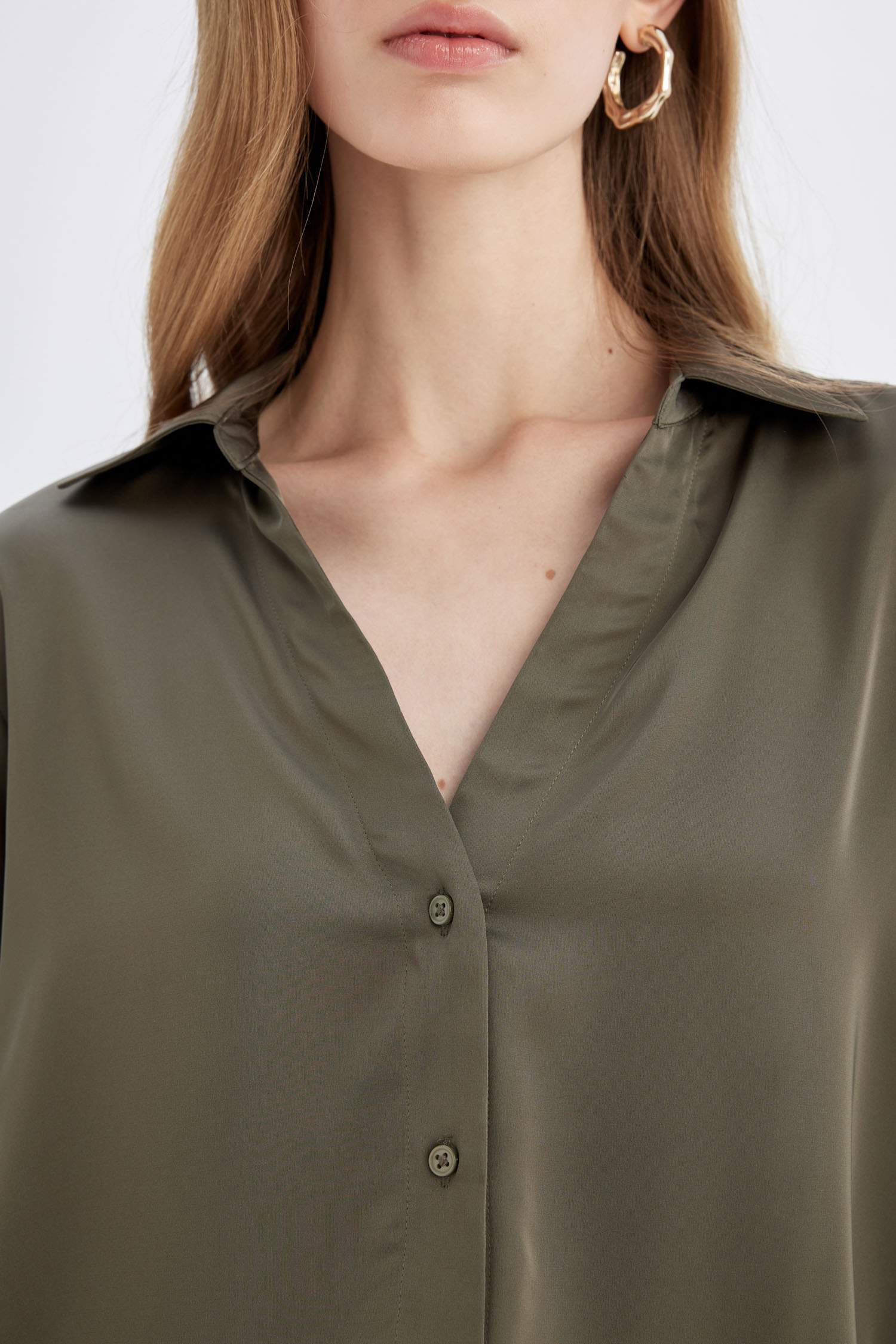 Regular Fit V Neck Satin Shirt