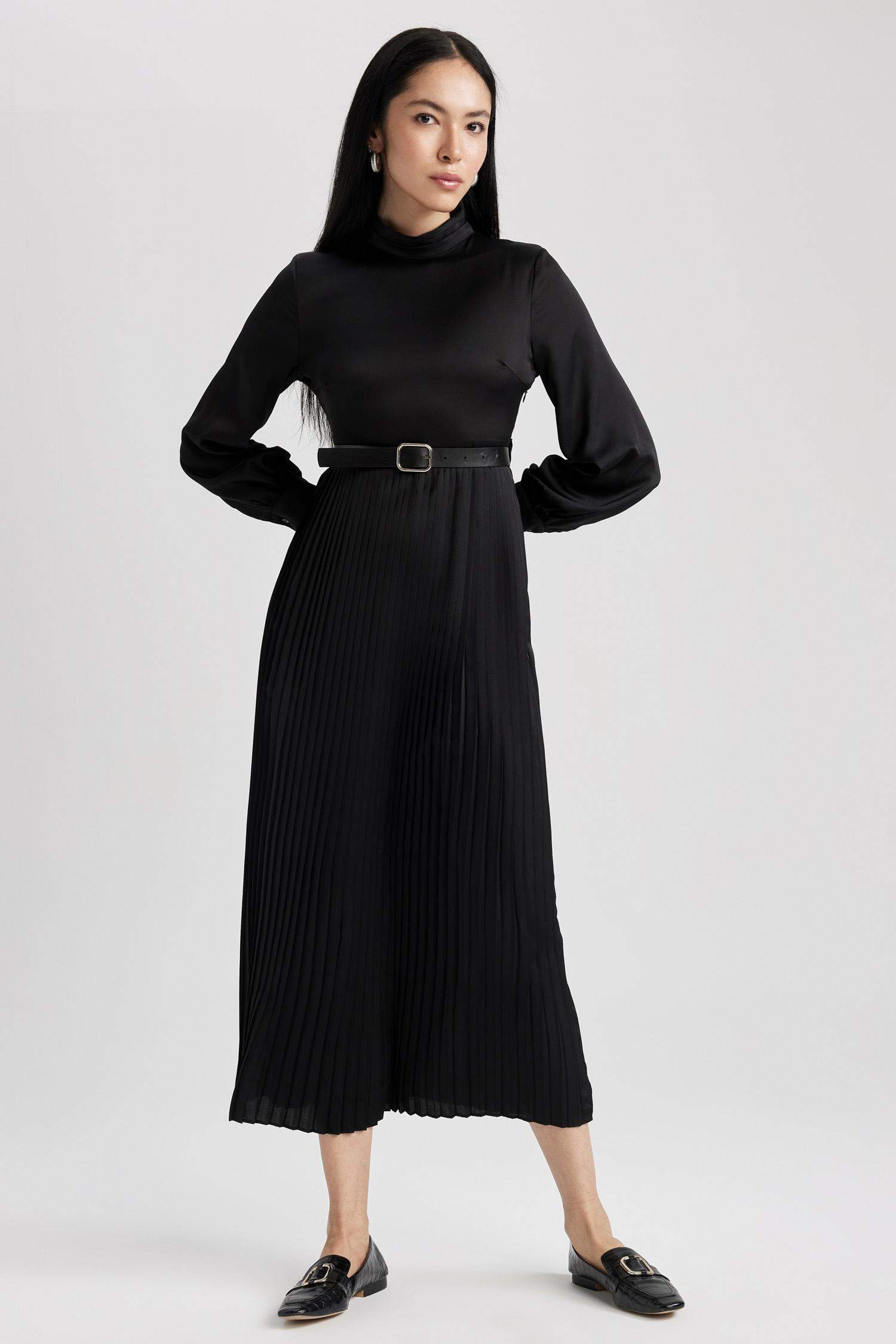 Black WOMAN Pleated Shirt Collar Satin Long Sleeve Dress 2817322 DeFacto