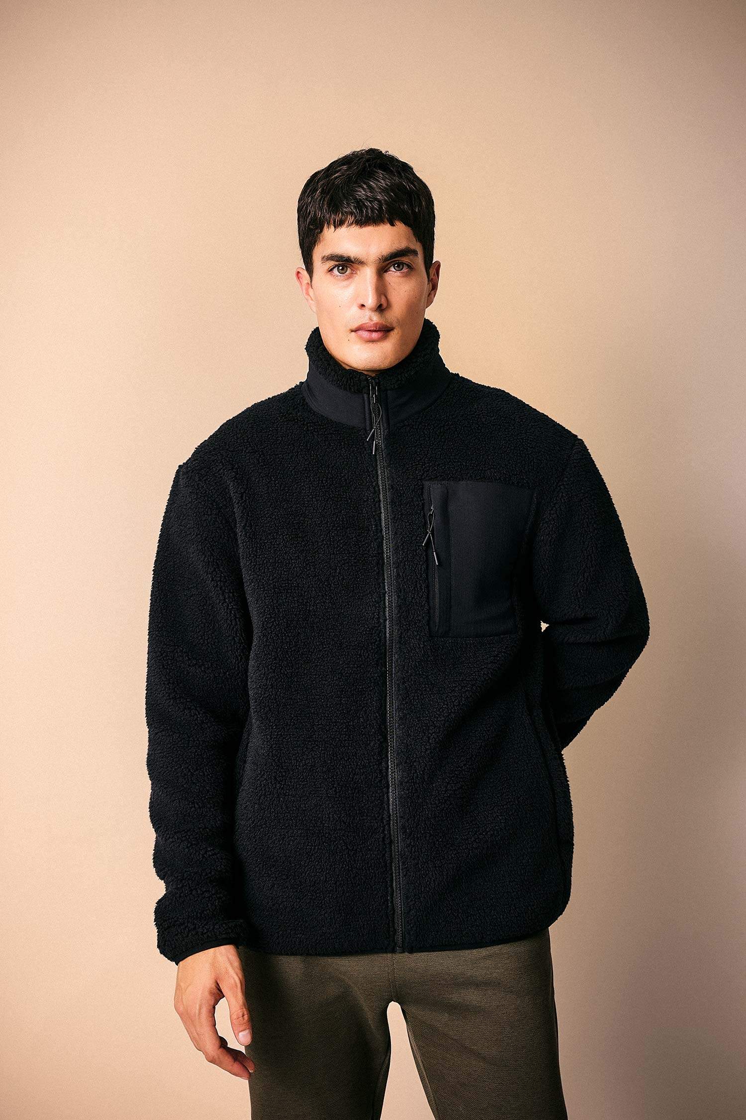 Black Man Relax Fit Stand Collar Fleece Jacket 2825350 | DeFacto