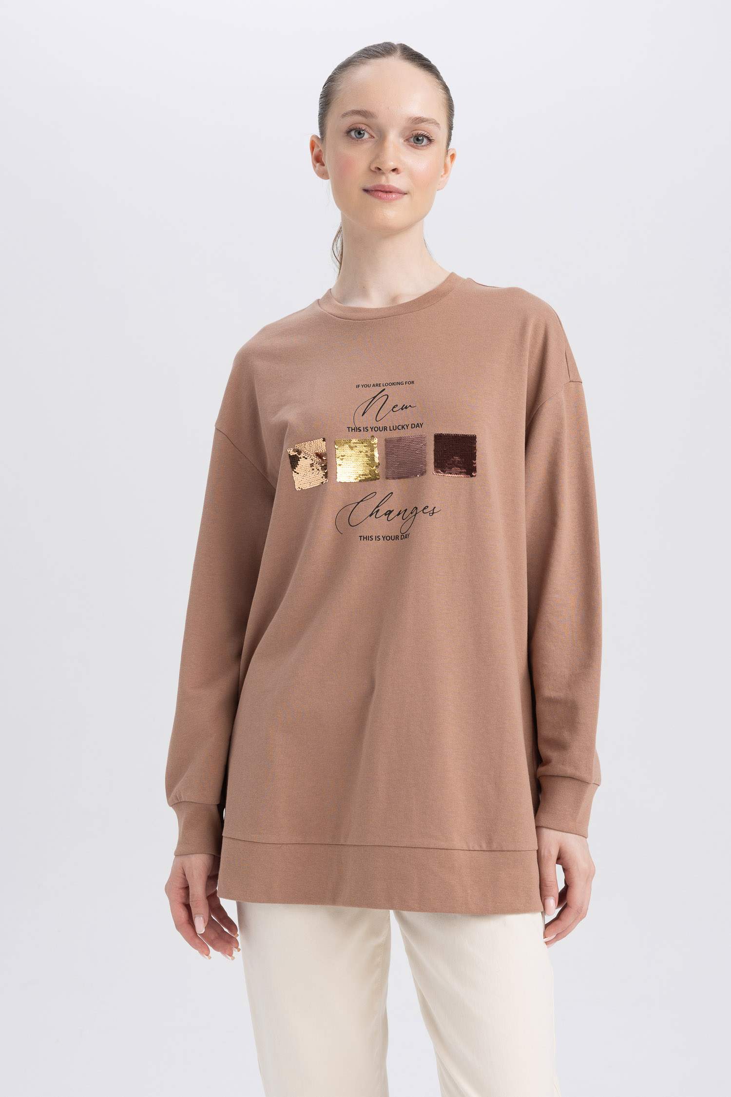 Regular Fit Thin Sweatshirt Fabric Crew Neck Embroidered Sweat Tunic