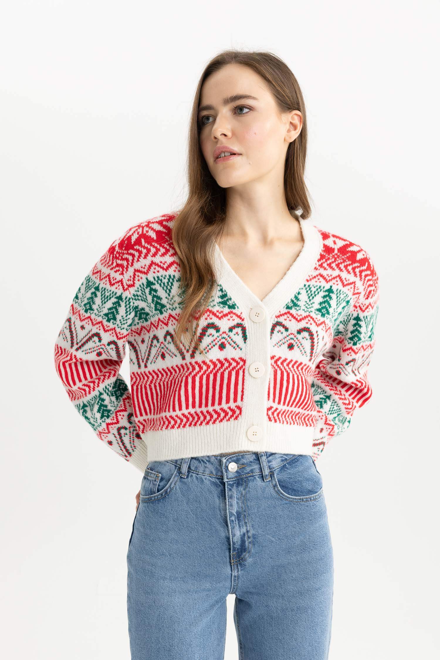 Christmas Themed V Neck Buttoned Knit Cardigan