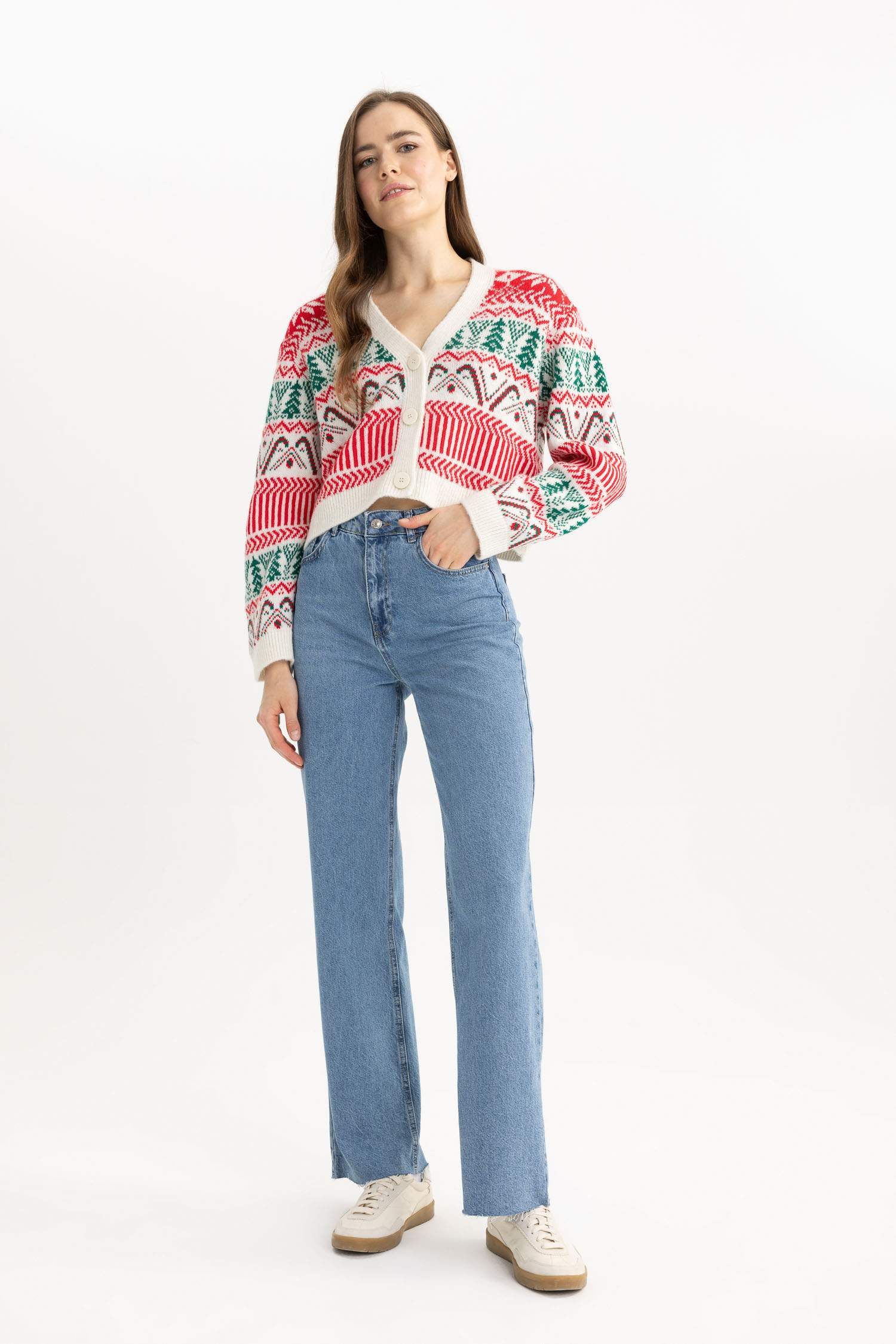 Christmas Themed V Neck Buttoned Knit Cardigan
