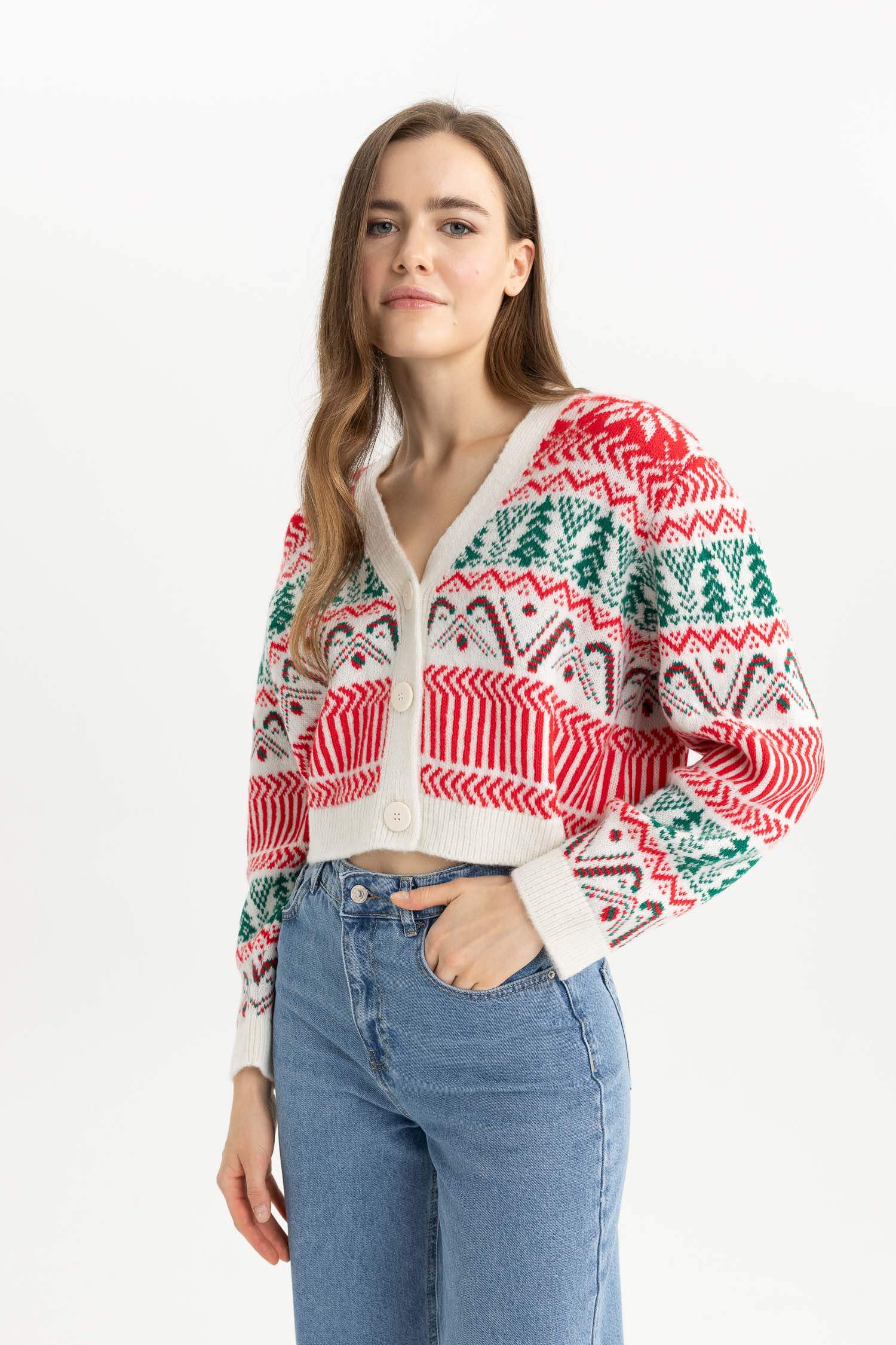Christmas Themed V Neck Buttoned Knit Cardigan