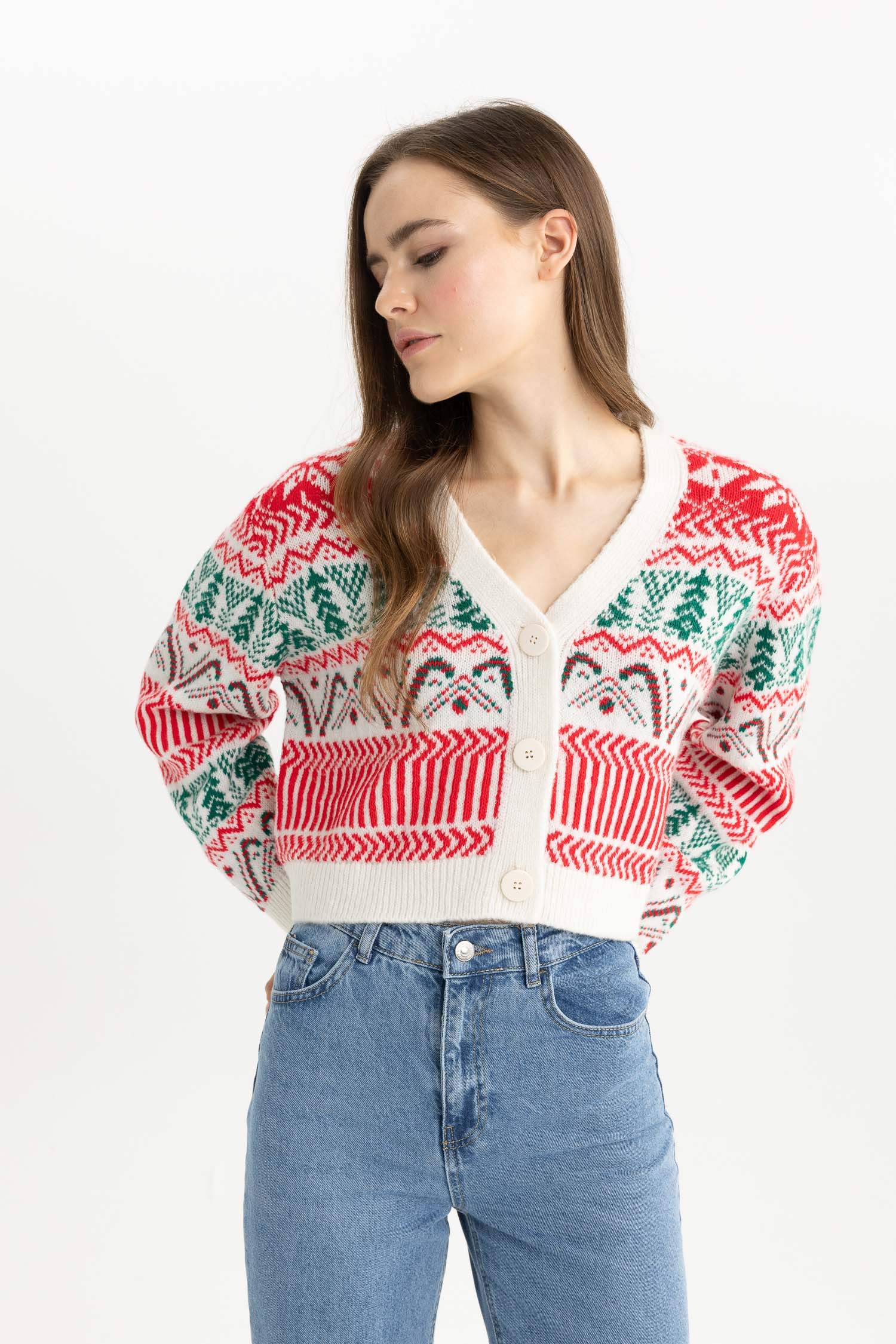 Christmas Themed V Neck Buttoned Knit Cardigan