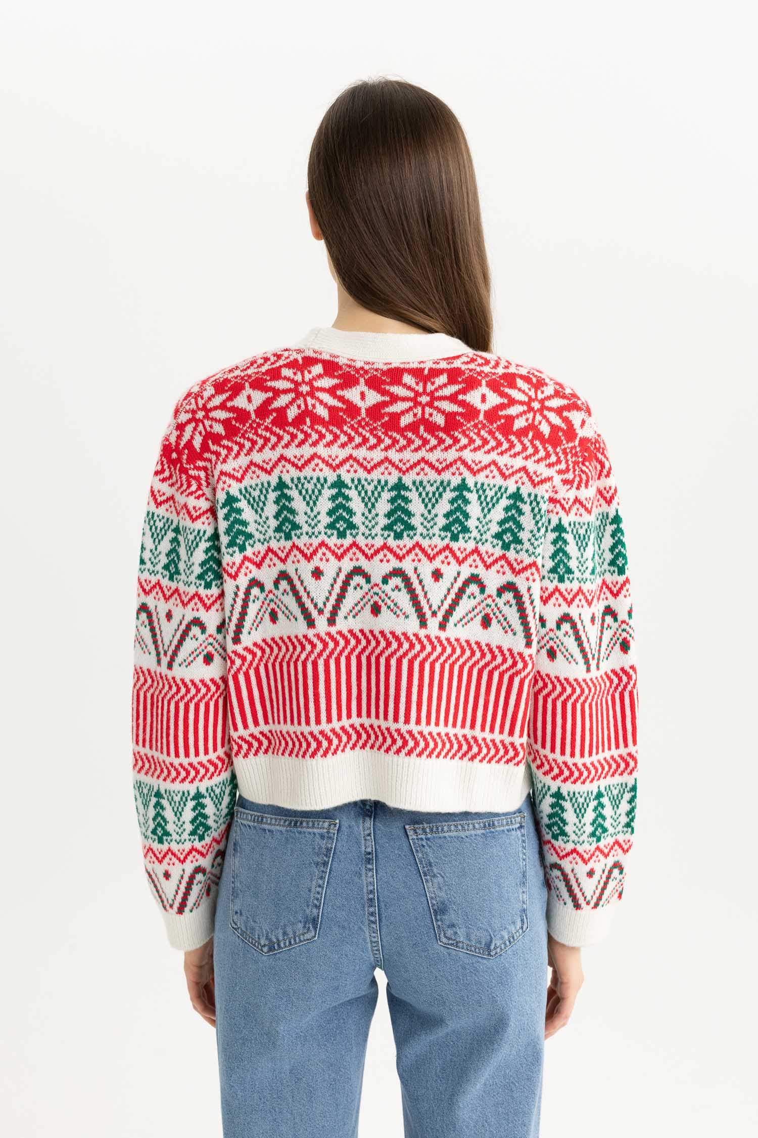 Christmas Themed V Neck Buttoned Knit Cardigan