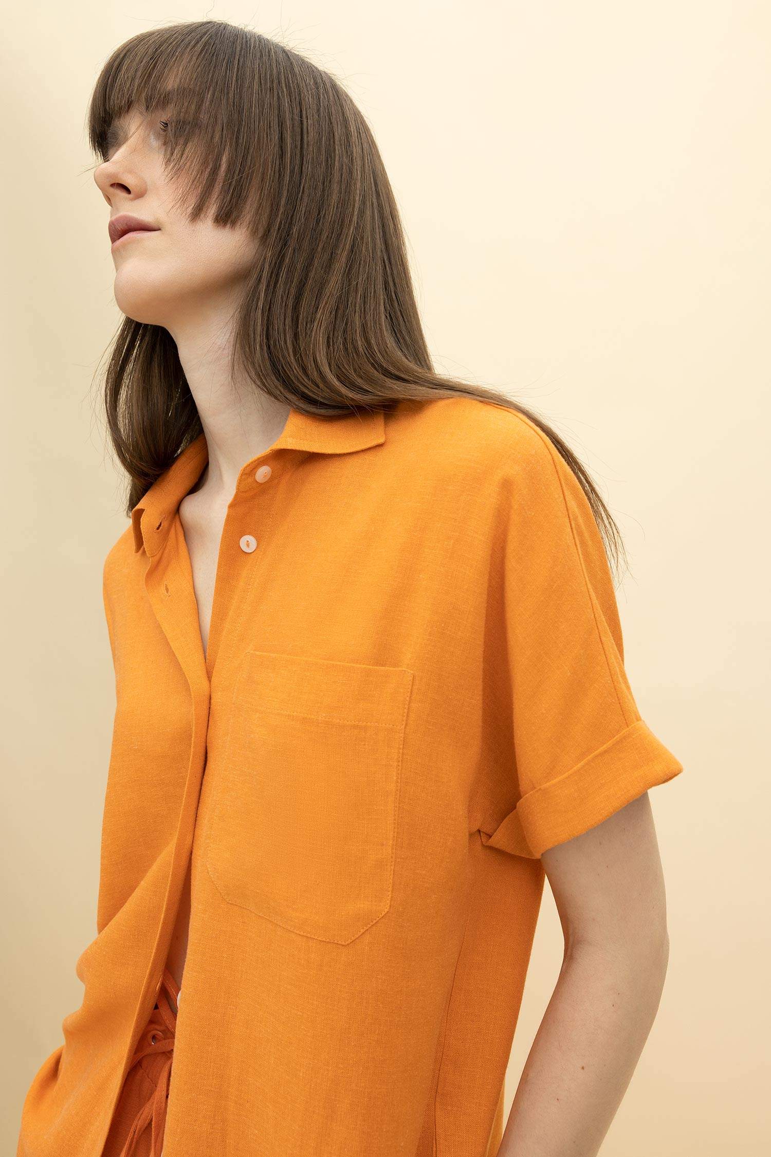 Regular Fit Keten Karışımlı Kısa Kollu Gömlek