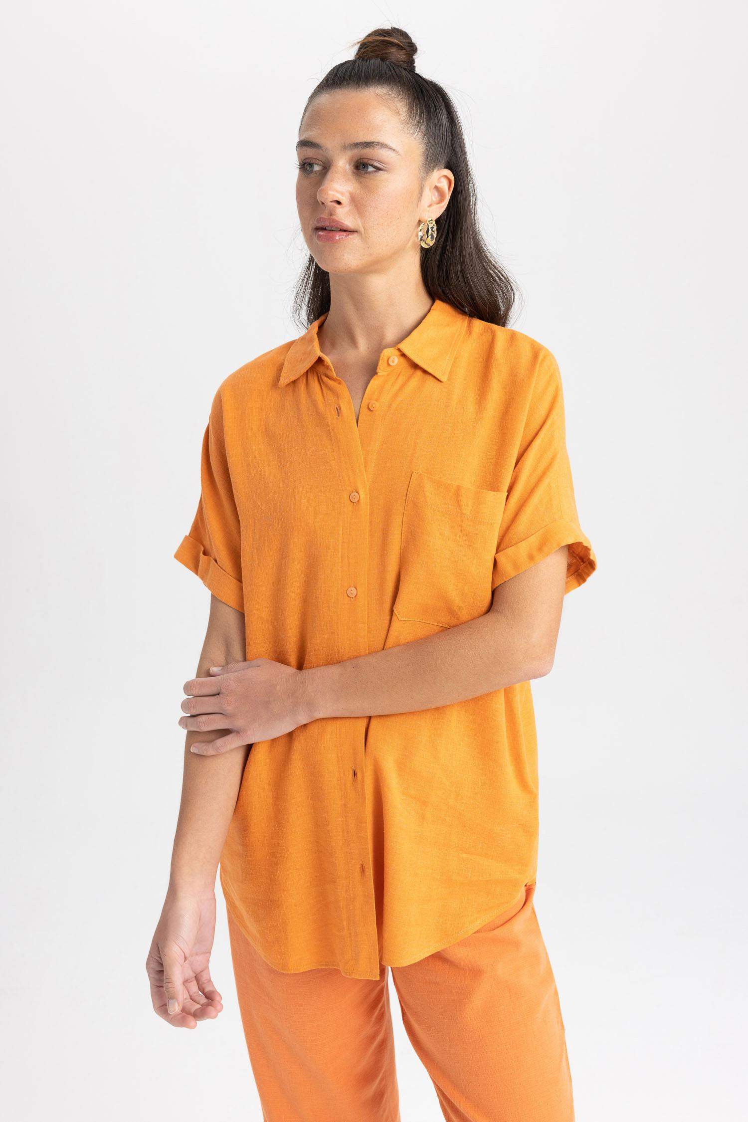 Regular Fit Keten Karışımlı Kısa Kollu Gömlek