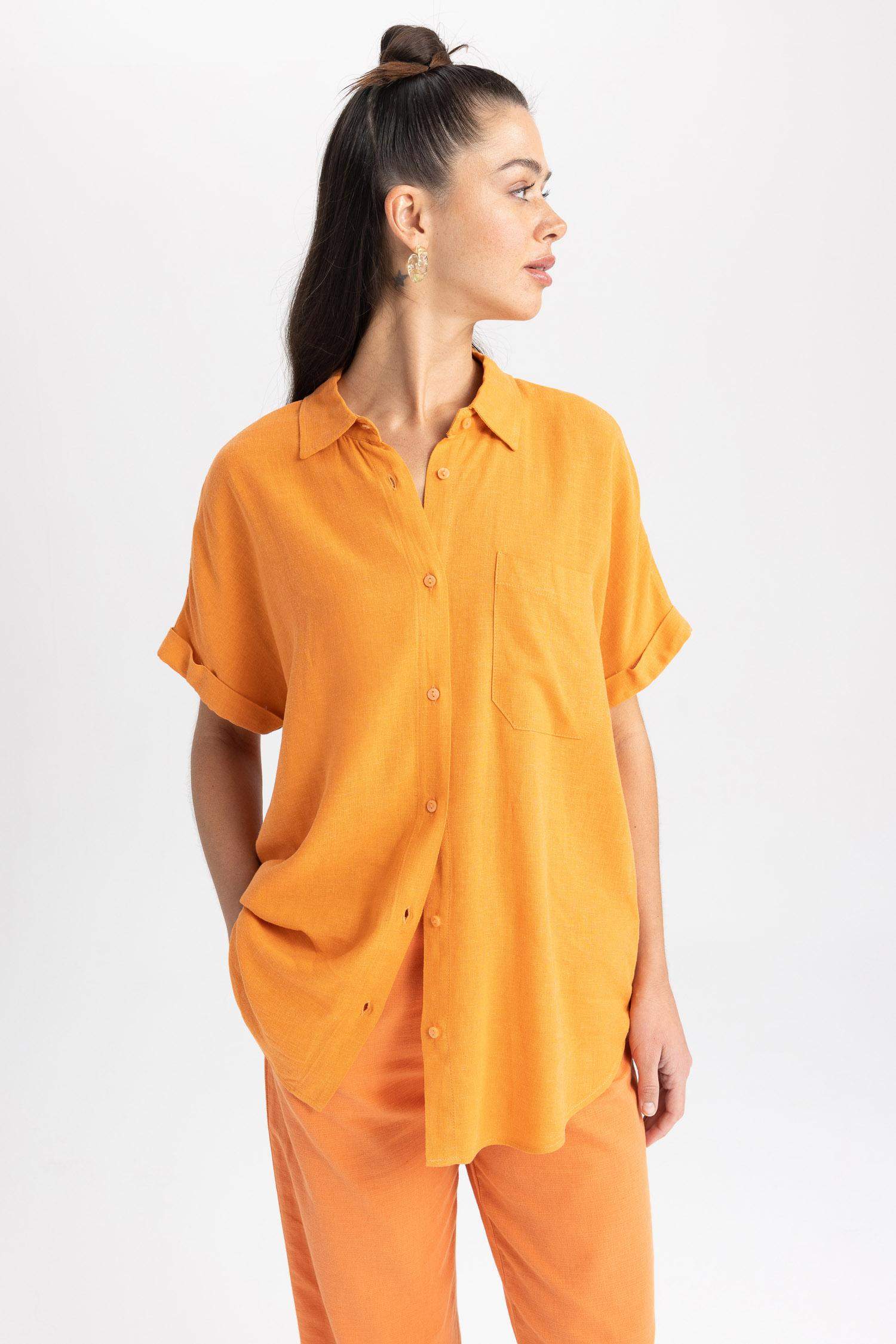 Regular Fit Keten Karışımlı Kısa Kollu Gömlek