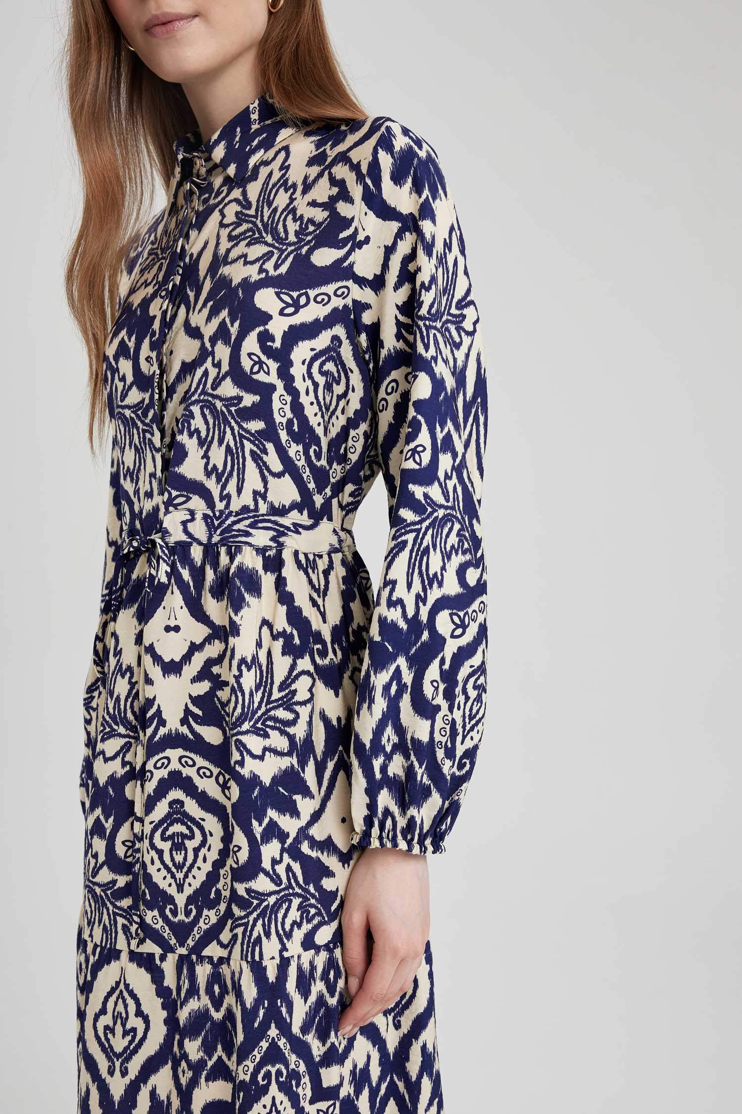 Ecru Woman Shirt Collar Printed Long Sleeve Dress 2839296 | DeFacto